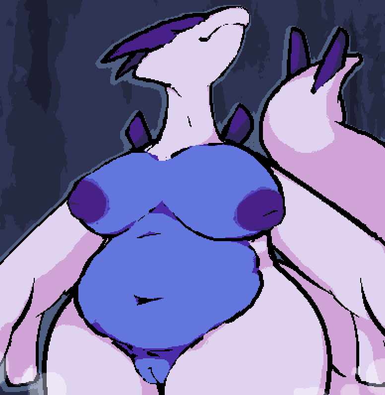 anthro bare_chest big_tail blue_body blue_nipples catjam_(artist) female genitals legendary_pok&eacute;mon long_neck lugia mature_female nintendo nipples overweight overweight_female pok&eacute;mon pok&eacute;mon_(species) pussy solo thick_thighs video_games waterfall white_body