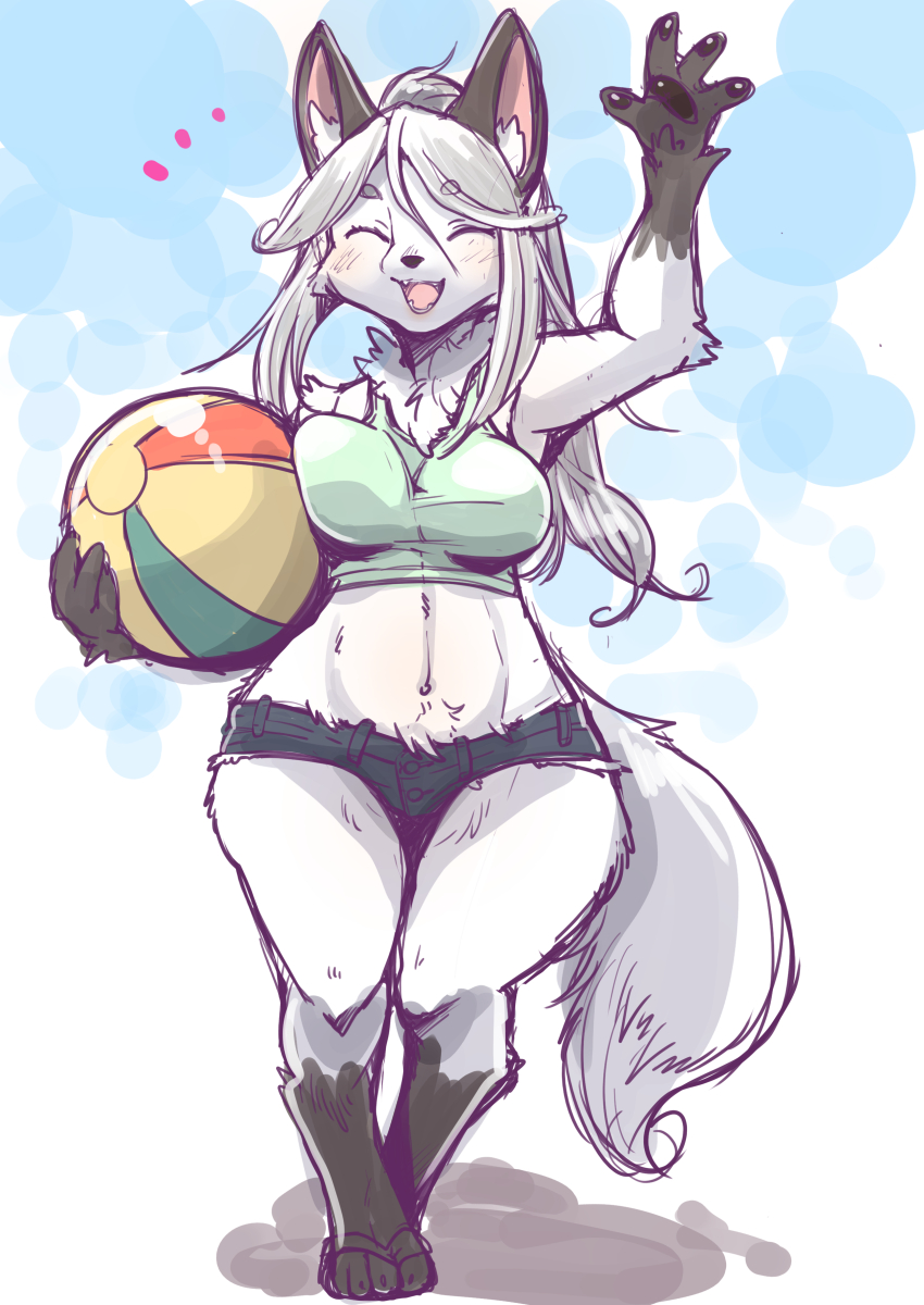 2022 4_fingers anthro ball bottomwear breasts canid canine canis clothed clothing cutoffs denim denim_clothing eyes_closed female fingers fur grey_hair hair hi_res kemono mammal setouchi_kurage shorts solo white_body white_fur wolf