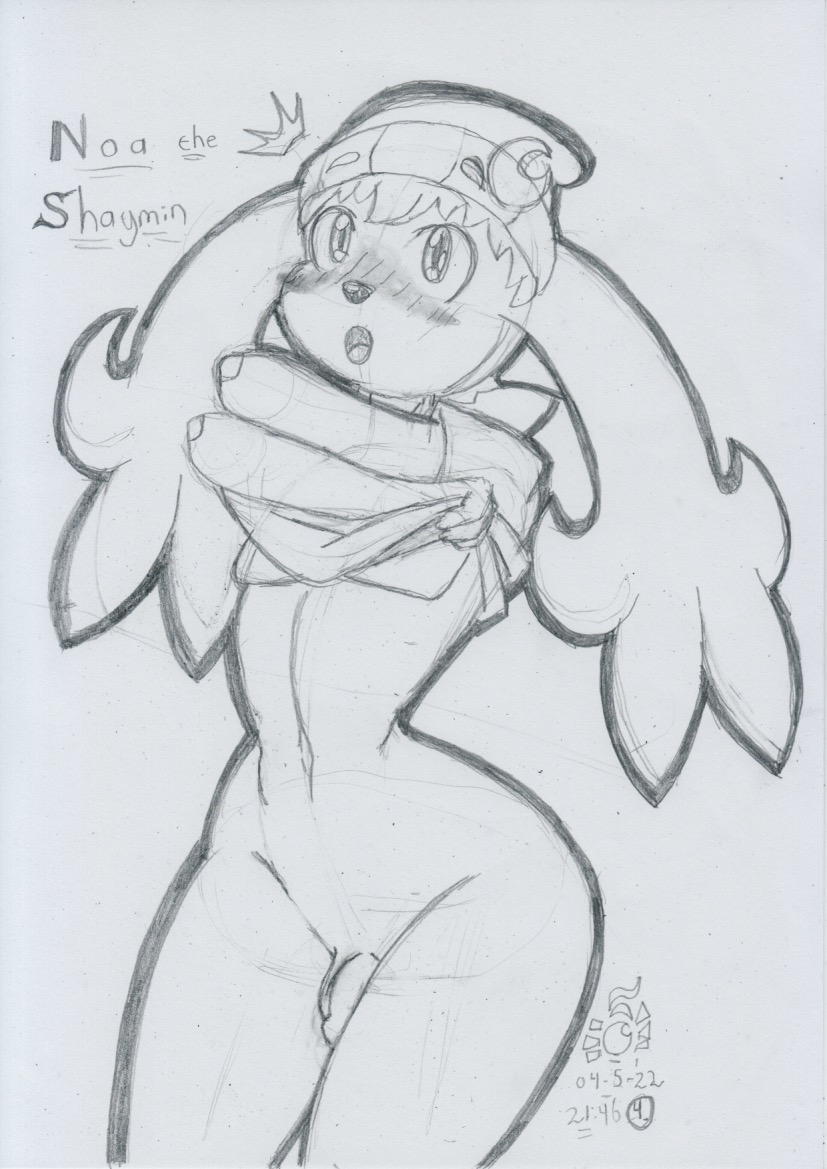 2022 anthro balls blush bottomless bottomless_male clothed clothing flaccid floppy_ears genitals girly graphite_(artwork) headgear headwear humanoid_genitalia humanoid_penis legendary_pok&eacute;mon looking_at_viewer lunaris_parukia male mostly_nude navel nintendo noa_(lunaris_parukia) open_mouth penis pok&eacute;mon pok&eacute;mon_(species) pok&eacute;morph shaymin shirt sky_forme_shaymin solo surprised_expression topwear traditional_media_(artwork) undressing video_games