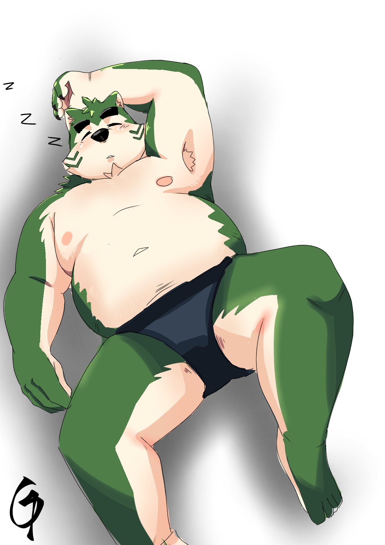 2022 anthro armpit_hair belly big_belly black_nose body_hair canid canine canis clothing domestic_dog eyes_closed gonda_29 green_body hi_res kemono lifewonders live-a-hero male mammal mokdai moobs navel nipples overweight overweight_male solo underwear video_games