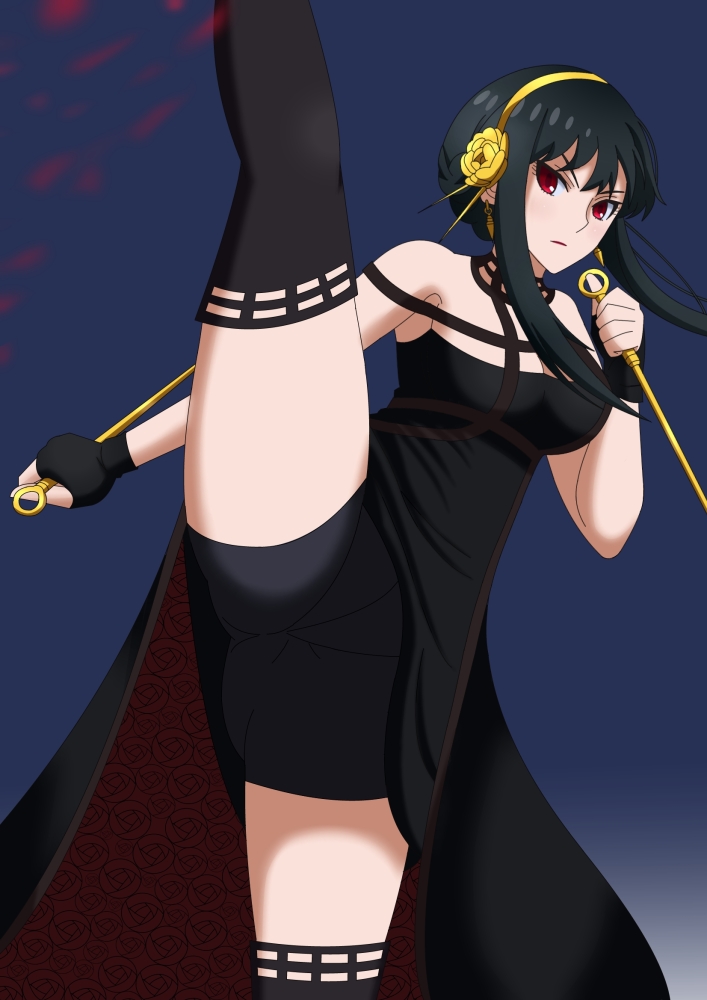 1girl axe_kick bangs bike_shorts black_background black_dress black_gloves black_hair black_leotard breasts closed_eyes commentary dagger dress dual_wielding earrings fingerless_gloves flower frown gloves gold_earrings gold_hairband gradient gradient_background hair_flower hair_ornament hairband halterneck hiromon holding holding_dagger holding_weapon jewelry kicking knife leg_up leotard long_dress long_hair looking_at_viewer medium_breasts off-shoulder_dress off_shoulder red_eyes reverse_grip short_hair_with_long_locks shorts_under_dress side_slit solo spy_x_family standing standing_on_one_leg stiletto_(weapon) thighhighs two-sided_dress two-sided_fabric weapon yellow_flower yor_briar