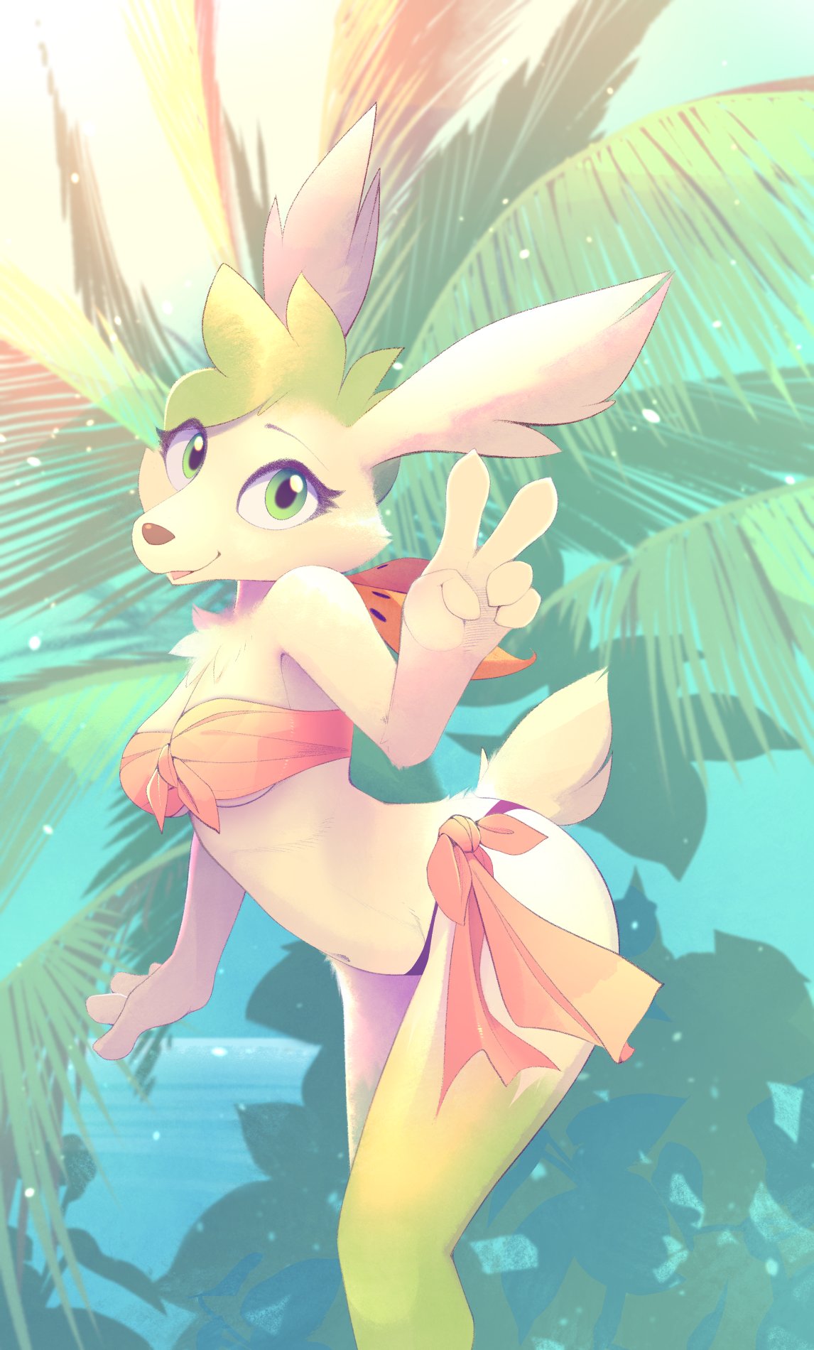 2022 anthro b-epon breasts clothed clothing day digital_media_(artwork) female fur generation_4_pokemon gesture green_body green_eyes green_fur hi_res legendary_pok&eacute;mon light lighting looking_at_viewer midriff navel nintendo outside plant pok&eacute;mon pok&eacute;mon_(species) shaded shaymin solo v_sign video_games white_body white_fur