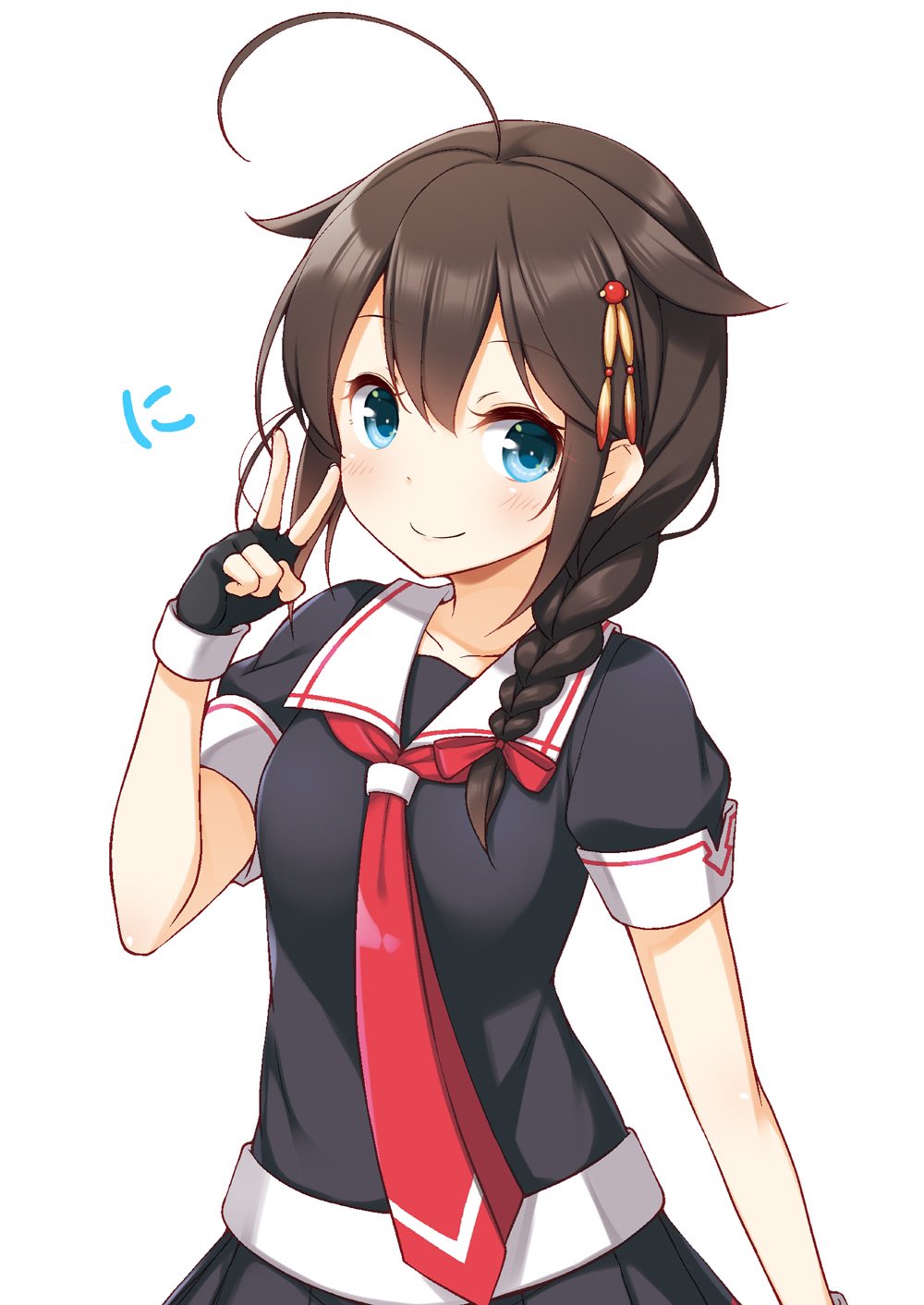 1girl ahoge black_gloves black_serafuku black_skirt blue_eyes blush braid brown_hair closed_mouth fingerless_gloves gloves hair_between_eyes hair_flaps highres kantai_collection long_hair necktie pleated_skirt red_necktie school_uniform serafuku shigure_(kancolle) shigure_kai_ni_(kancolle) short_sleeves simple_background single_braid skirt smile solo upper_body v white_background yume_no_owari