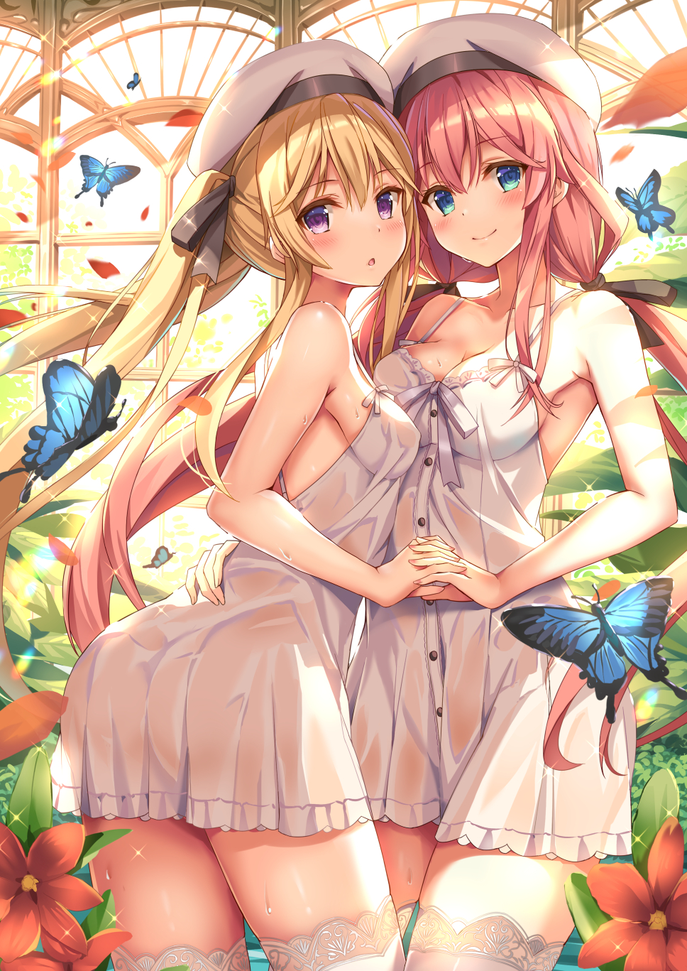 2girls :o ass asymmetrical_docking bangs bare_arms bare_shoulders black_ribbon blonde_hair blue_butterfly blue_eyes blush breast_press breasts bug butterfly cleavage closed_mouth covered_nipples cowboy_shot dot_nose dress falling_petals floating_hair flower hair_between_eyes hair_ribbon hand_on_another's_waist hat highres holding_hands indoors interlocked_fingers long_hair looking_at_viewer low_twintails medium_breasts multiple_girls no_bra no_panties original parted_lips petals plant purple_eyes red_flower red_hair ribbon see-through sidelocks small_breasts smile spaghetti_strap sparkle standing sundress sweat thighhighs thighs twintails white_dress white_headwear white_thighhighs yuuki_yuu