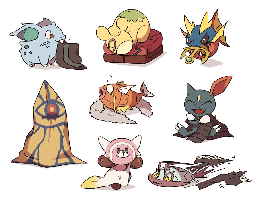 :d ^_^ carvanha closed_eyes closed_mouth commentary fish hat lying magikarp motion_lines mouth_hold nidoran nidoran_(female) no_humans numel open_mouth pokemon pokemon_(creature) red_eyes simple_background sleeping smile sneasel ssalbulre stufful torn_jacket white_background wimpod