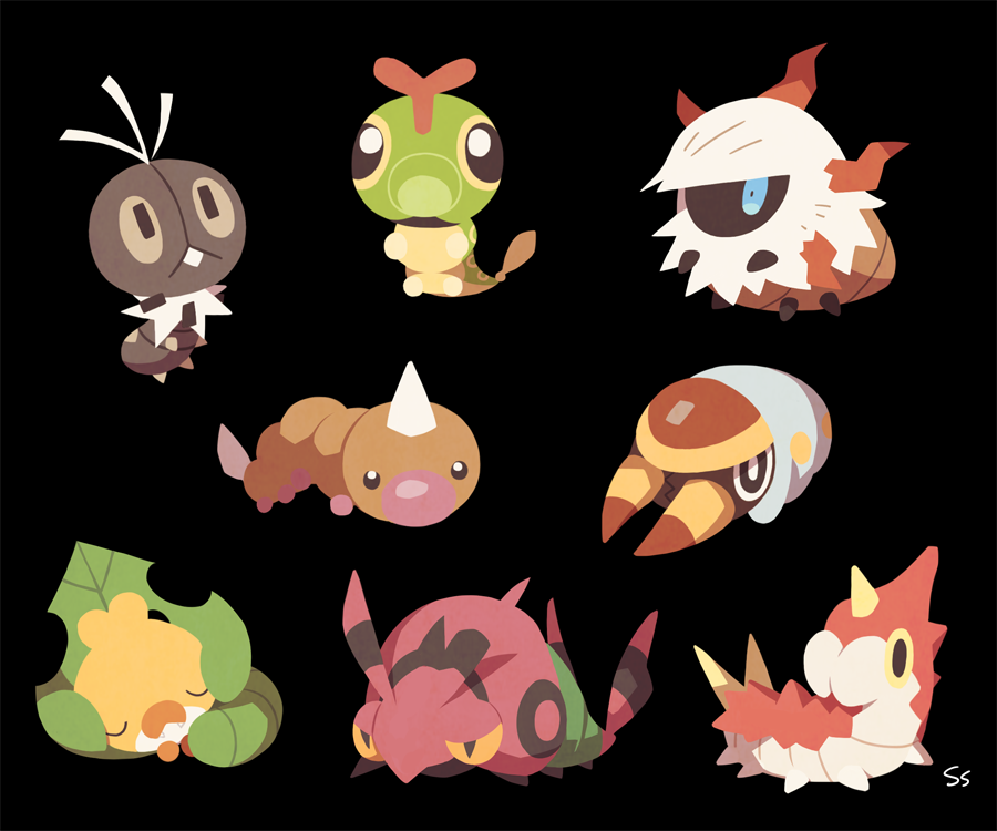 black_background blue_eyes bug caterpie closed_eyes commentary fangs grubbin larvesta lying no_humans pokemon pokemon_(creature) scatterbug sewaddle signature simple_background sleeping ssalbulre venipede weedle wurmple