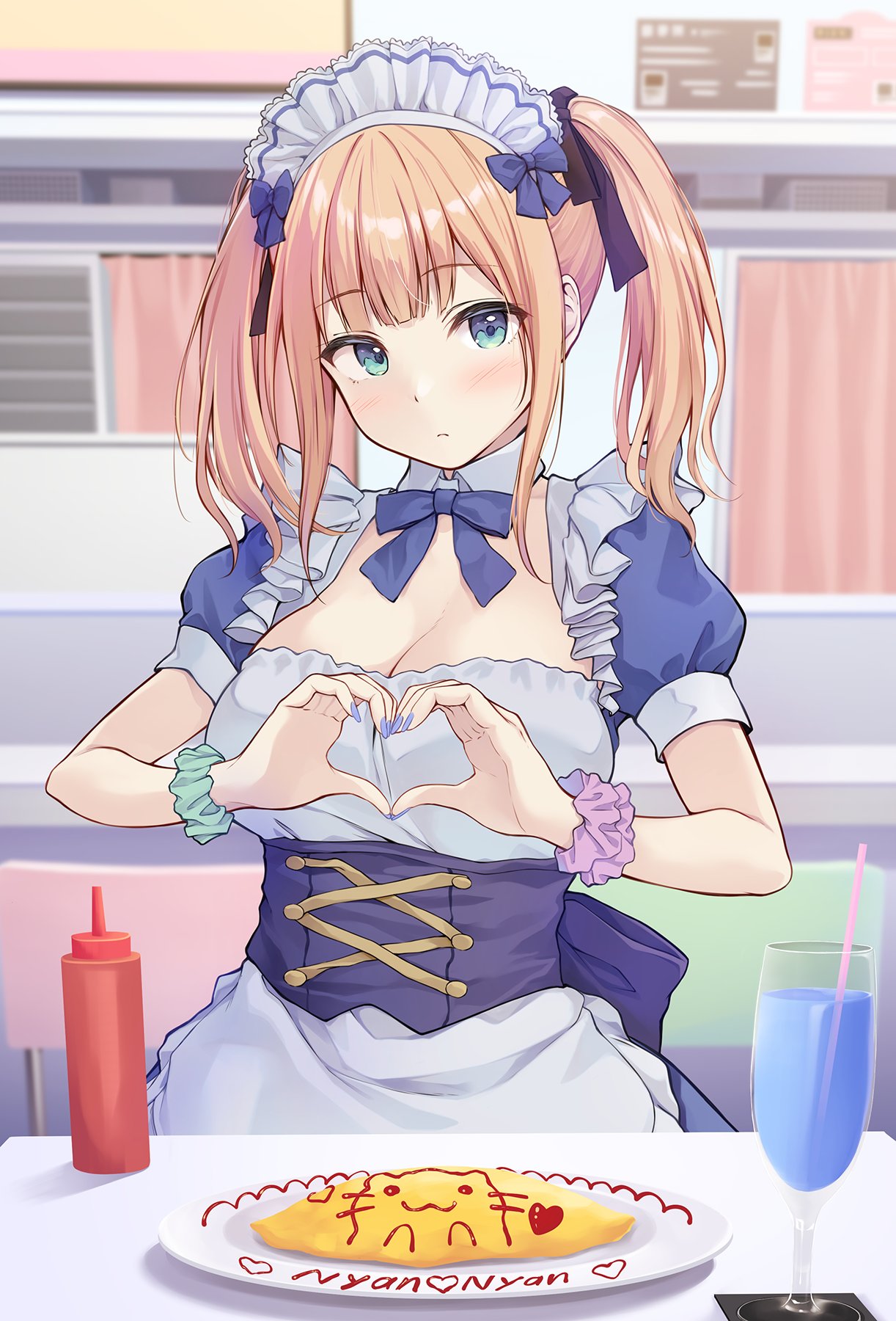 1girl aqua_eyes aqua_scrunchie blonde_hair blush bow breasts cleavage commentary_request cup detached_collar drink drinking_glass drinking_straw food food_art food_writing hair_bow hair_ribbon heart heart_hands highres ketchup ketchup_bottle large_breasts light_frown looking_at_viewer maid maid_cafe maid_headdress omurice original pasdar puffy_short_sleeves puffy_sleeves purple_bow purple_nails purple_ribbon purple_scrunchie restaurant ribbon romaji_text scrunchie short_sleeves sidelocks single_stripe twintails wrist_scrunchie