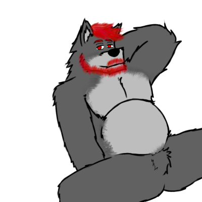 anthro belly canid canine canis drew_the_mountain fur grey_body grey_fur hair low_res male mammal nude red_eyes red_hair solo wolf
