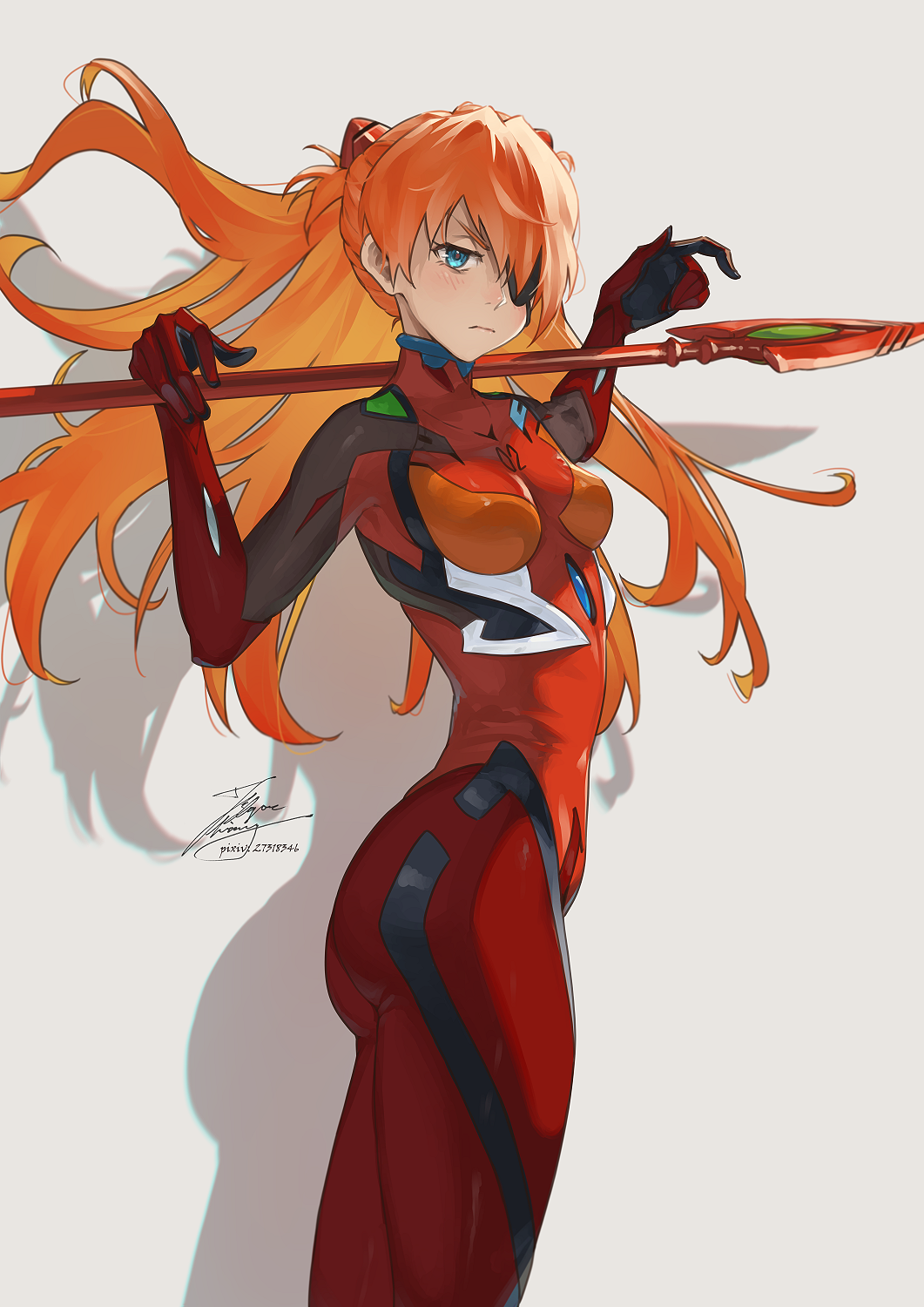 1girl blue_eyes bodysuit breasts eyepatch fadingz grey_background highres holding holding_polearm holding_weapon lance_of_longinus long_hair looking_at_viewer neon_genesis_evangelion orange_hair pixiv_id polearm rebuild_of_evangelion red_bodysuit shadow signature simple_background solo souryuu_asuka_langley weapon