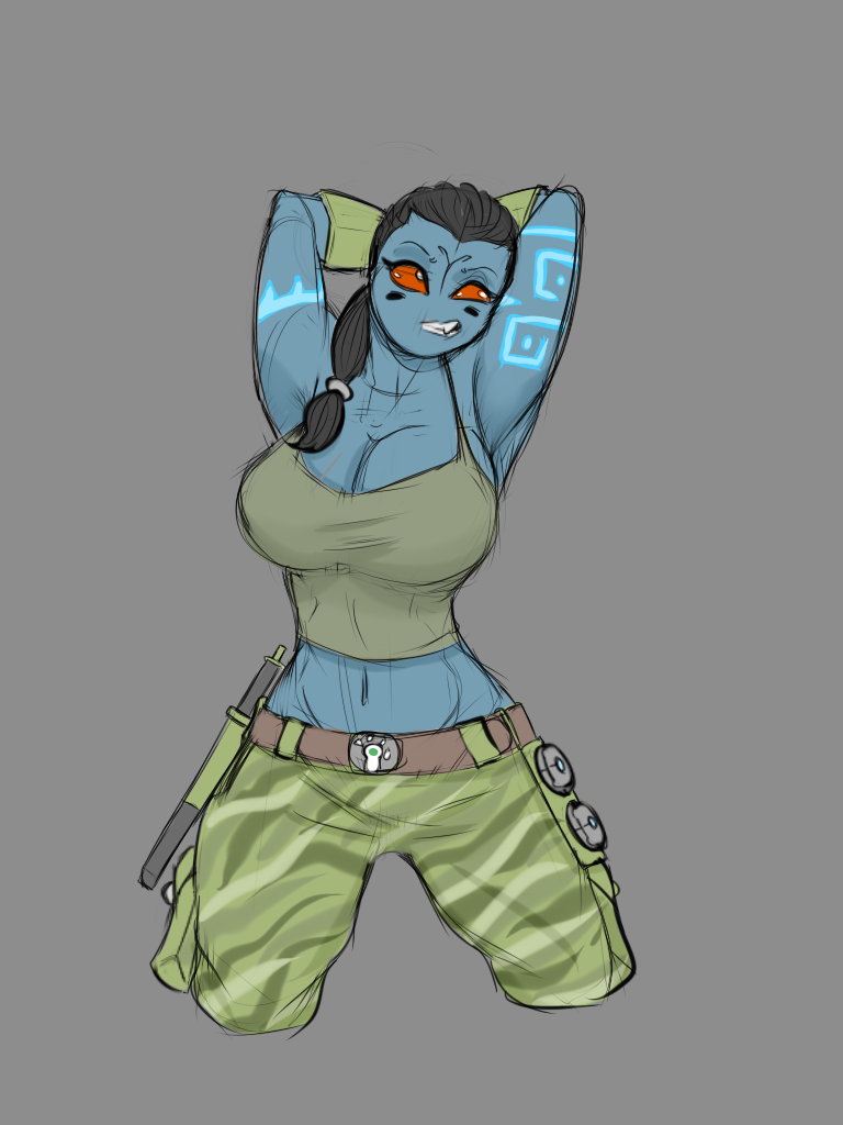 big_breasts blackbetty blue_body blue_skin braided_hair breasts camo cleavage clothed clothing female grin hair humanoid knife midriff not_furry smile solo t'au_(warhammer) warhammer_(franchise) warhammer_40000 weapon