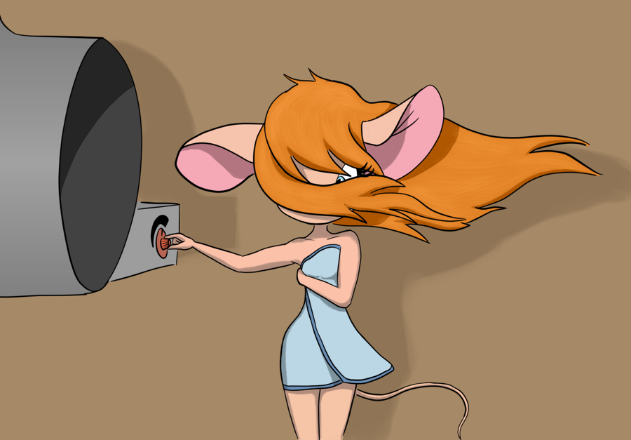 2016 anthro blue_eyes chip_'n_dale_rescue_rangers disney dryer female gadget_hackwrench hair hair_dryer hair_in_face itsjustflesh mammal mouse murid murine orange_hair rodent simple_background solo standing towel towel_only towel_wrap