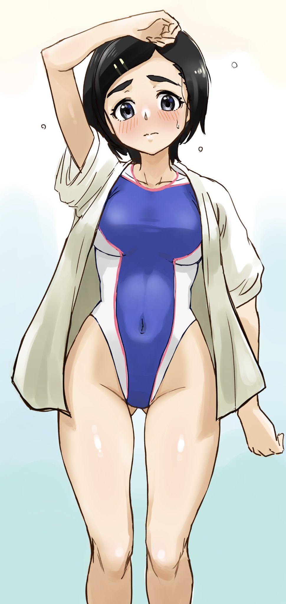 1girl akiyama_jomu ass_visible_through_thighs black_eyes black_hair blue_swimsuit commentary_request competition_swimsuit feet_out_of_frame hair_ornament hairclip highres idolmaster idolmaster_cinderella_girls looking_at_viewer matsuo_chizuru multicolored_clothes multicolored_swimsuit one-piece_swimsuit open_clothes open_shirt shirt short_hair solo standing swimsuit white_shirt