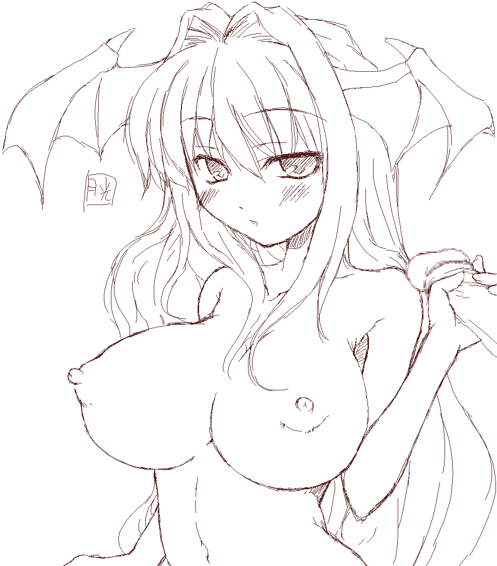 :o bangs blush breasts censored cleavage disembodied_penis gekkou_ookami greyscale head_wings koakuma large_breasts long_hair looking_at_viewer monochrome nipples nude oekaki penis puffy_nipples signature simple_background sketch solo touhou upper_body white_background