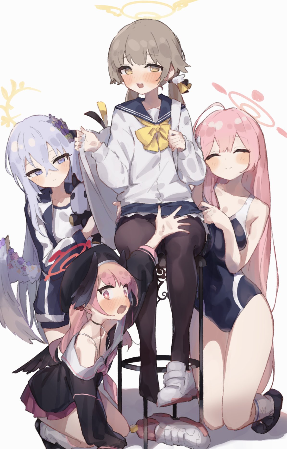 4girls :d azusa_(blue_archive) backpack bag bangs black_headwear black_shirt black_wings blue_archive blue_eyes blue_hair blue_sailor_collar blue_skirt blue_swimsuit blush bow bowtie brown_hair brown_pantyhose closed_eyes closed_mouth crossed_bangs epi_zero flower hair_flower hair_ornament halo hifumi_(blue_archive) highres holding_strap jacket kneeling koharu_(blue_archive) long_hair long_sleeves looking_at_viewer mika_(blue_archive) multiple_girls neckerchief one-piece_swimsuit open_clothes open_jacket open_mouth pantyhose pink_eyes pink_neckerchief purple_flower sailor_collar school_uniform serafuku shirt shoes shoes_removed simple_background single_shoe sitting skirt smile socks standing swimsuit very_long_hair white_background white_shirt white_socks white_wings winged_hat wings yellow_bow yellow_bowtie yellow_eyes