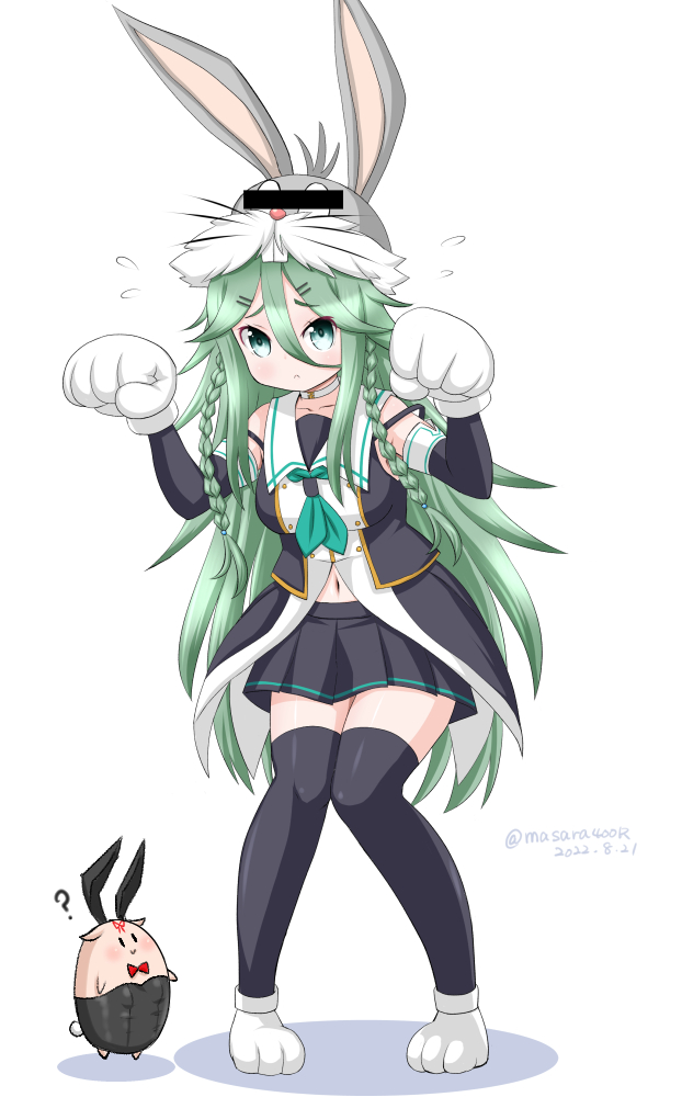 1girl animal_hands animal_hood bangs black_ribbon black_serafuku black_skirt braid bugs_bunny bugs_bunny_(cosplay) bunny_day bunny_pose buttons censored cosplay dated double-breasted elbow_gloves full_body gloves green_eyes green_hair green_neckerchief hair_between_eyes hair_flaps hair_ornament hair_ribbon hairclip hood identity_censor kantai_collection long_hair looking_at_viewer looney_tunes masara_(chuujou) neckerchief one-hour_drawing_challenge parted_bangs paw_gloves pleated_skirt ponytail rabbit_hood ribbon school_uniform serafuku sidelocks simple_background skirt the_yuudachi-like_creature thighhighs twin_braids twitter_username white_background wrist_cuffs yamakaze_(kancolle) yamakaze_kai_ni_(kancolle)