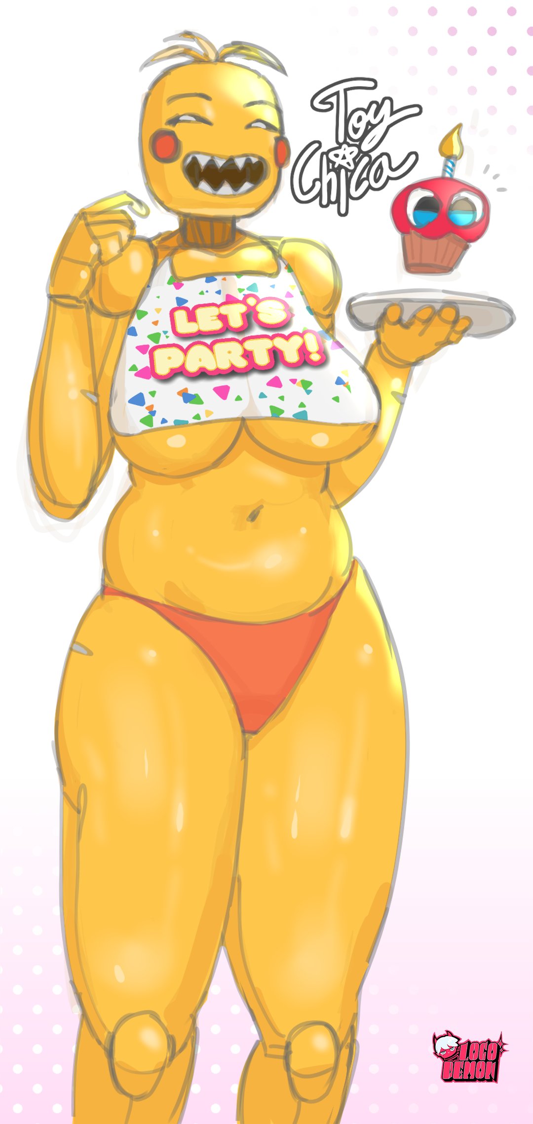 animatronic big_breasts black_sclera breasts five_nights_at_freddy's five_nights_at_freddy's_2 hi_res locodemon machine robot scottgames sharp_teeth slightly_chubby smug teeth toy_chica_(fnaf) video_games wide_hips yellow_body