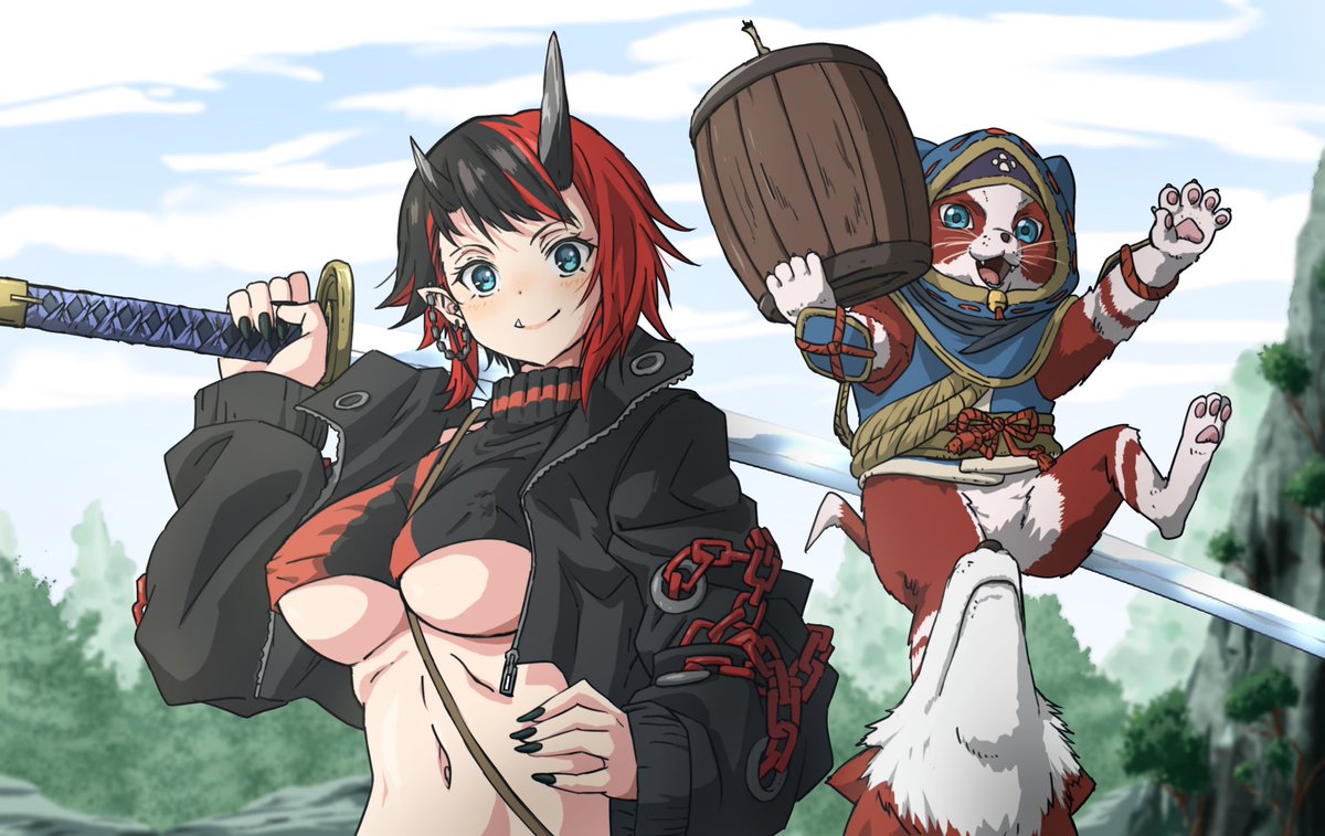 1girl aineko bad_id bad_twitter_id bangs black_hair black_jacket black_nails black_sports_bra blue_eyes blush breasts cat commentary_request covered_nipples cropped_jacket demon_girl demon_horns ear_chain ear_piercing felyne fingernails holding holding_sword holding_weapon horns jacket katana large_breasts looking_at_viewer monster_hunter_(series) monster_hunter_rise multicolored_hair navel open_clothes open_jacket open_mouth piercing pointy_ears red_hair ryugasaki_rene sharp_fingernails short_hair smile sports_bra sugar_lyric sword two-tone_hair underboob upper_body virtual_youtuber weapon zipper