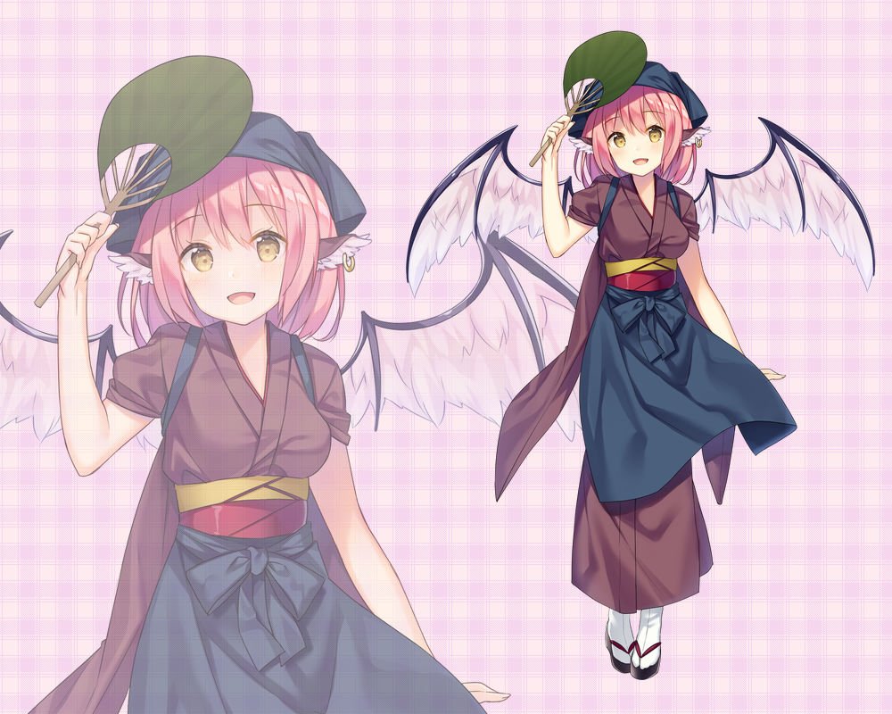 1girl animal_ears apron bekotarou bird_ears bird_wings blush breasts earrings full_body hair_between_eyes hand_fan hat head_scarf holding holding_fan japanese_clothes jewelry kimono looking_at_viewer medium_breasts multiple_views mystia_lorelei obi okamisty open_mouth paper_fan pink_hair sash short_hair short_sleeves single_earring smile socks standing tabi tasuki tenugui third-party_source touhou uchiwa waist_apron white_socks white_wings wide_sleeves wings yellow_eyes zoom_layer