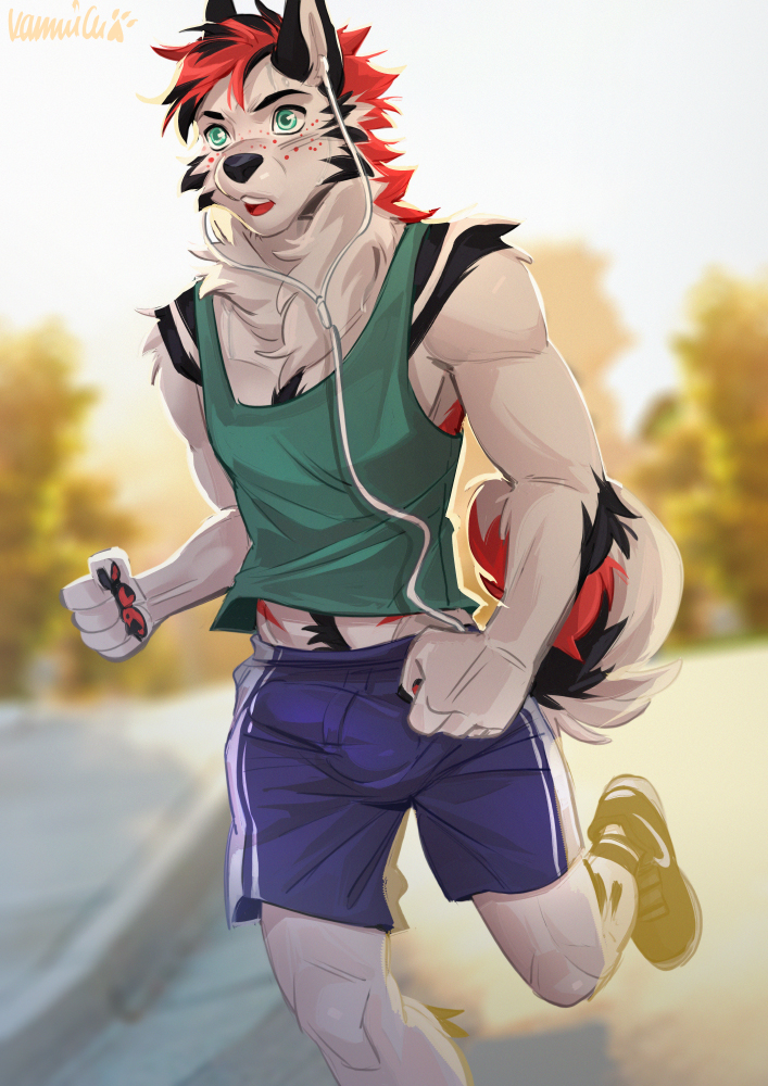 2022 5_fingers anthro black_hair canid canine canis clothed clothing digital_media_(artwork) domestic_dog fingers footwear fur green_eyes hair kammi-lu male mammal red_hair shoes white_body white_fur