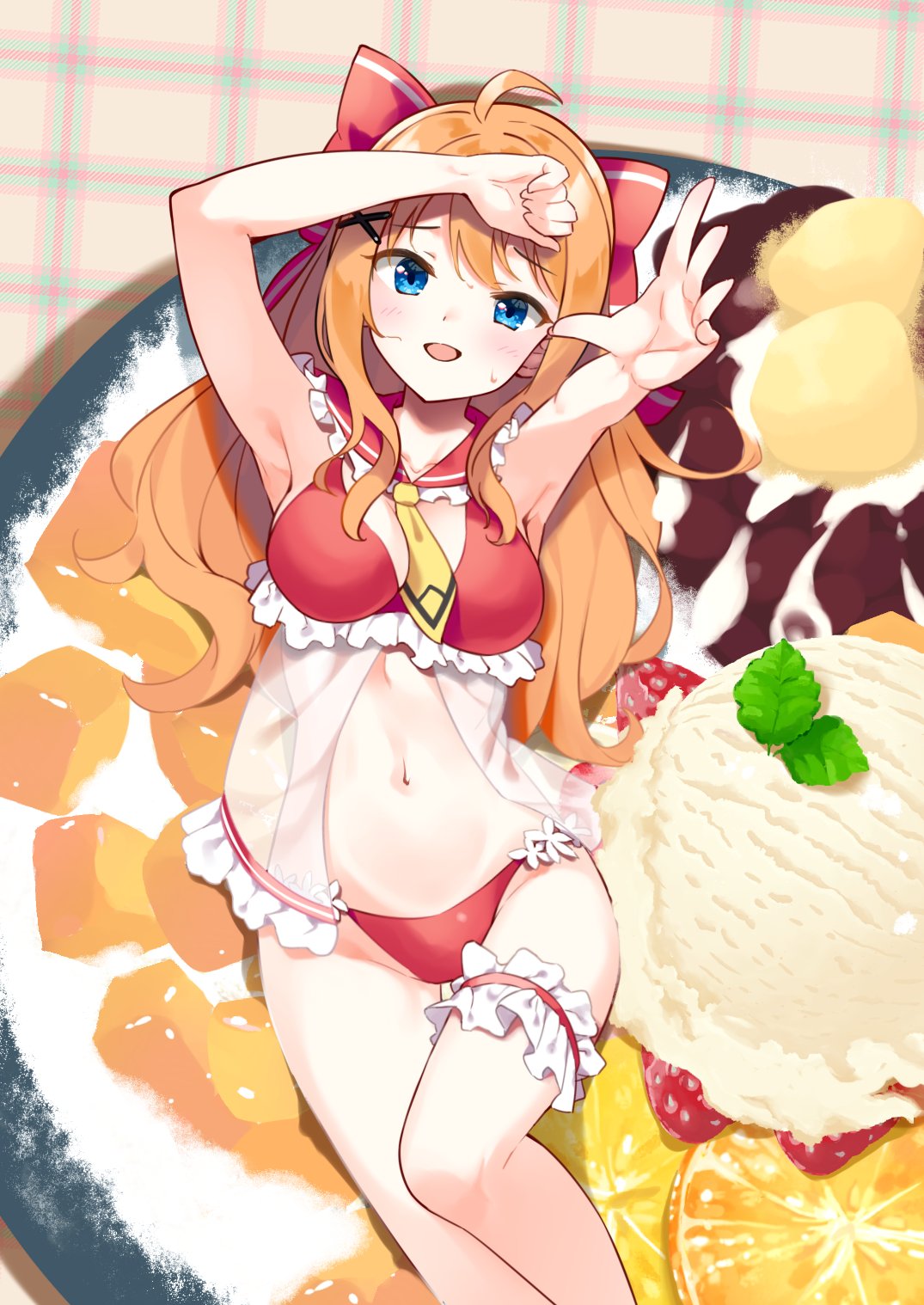 1girl :d ahoge aitti_(vtuber) arm_up armpits bangs bare_arms bare_shoulders bikini blue_eyes blush bow breasts commentary_request food frilled_bikini frilled_sailor_collar frills hair_bow highres in_food indie_virtual_youtuber korean_commentary kutata long_hair looking_at_viewer medium_breasts minigirl navel necktie orange_hair outstretched_arm plate red_bikini red_bow red_sailor_collar sailor_collar see-through short_necktie smile solo sweat swimsuit very_long_hair virtual_youtuber yellow_necktie