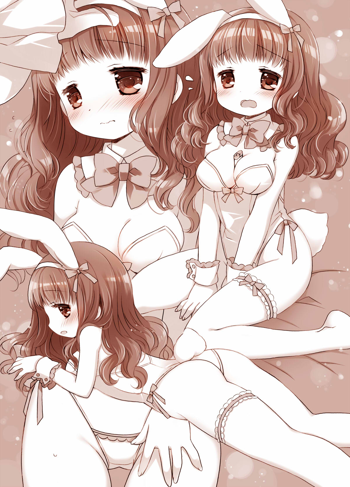 1boy 1girl animal_ears ass bangs bare_shoulders between_breasts between_legs blush bow breasts brown_eyes brown_hair bunny_day cleavage closed_mouth collar commentary_request detached_collar fake_animal_ears flying_sweatdrops frilled_collar frills gloves groin hairband hand_between_legs headpat higanbana_no_saku_yoru_ni highres koucha_shinshi kusunoki_midori leotard long_hair long_sleeves lying medium_breasts on_stomach open_mouth out_of_frame rabbit_ears rabbit_tail sakurazawa_izumi sitting sleeves_past_wrists strapless strapless_leotard tail wariza wavy_mouth wing_collar wrist_cuffs