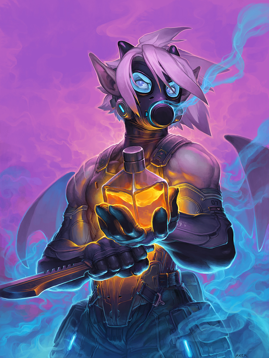 2021 3:4 5_fingers axer clothing dagger dragon fingers gas_mask gloves hair handwear hi_res j_axer male mask melee_weapon potion purple_background scalie simple_background solo weapon wings