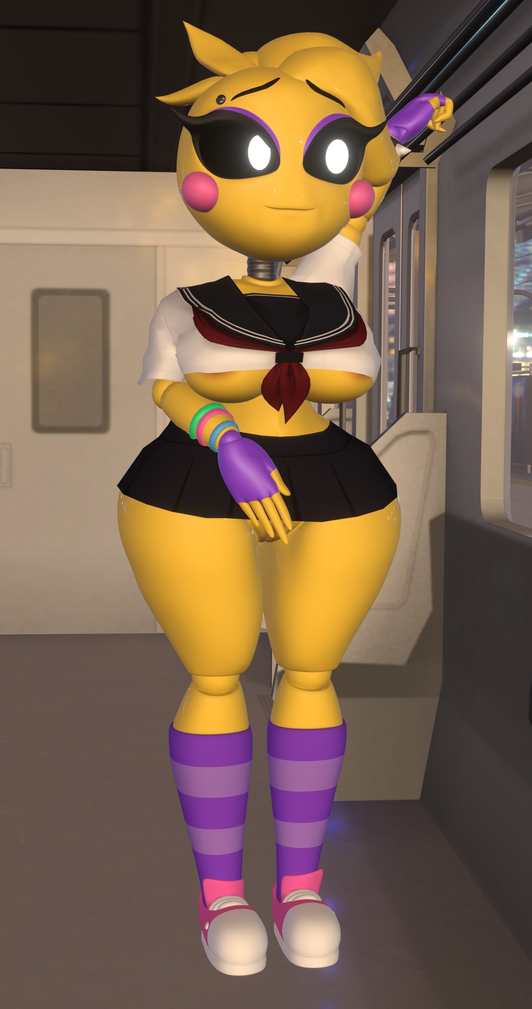 adri164 areola big_breasts bottomwear breasts clothed clothing embarrassed female five_nights_at_freddy's five_nights_at_freddy's_2 hi_res miniskirt nipple_outline no_underwear orange_areola school_uniform scottgames skirt toy_chica_(eroticphobia) toy_chica_(fnaf) uniform video_games wide_hips yellow_body