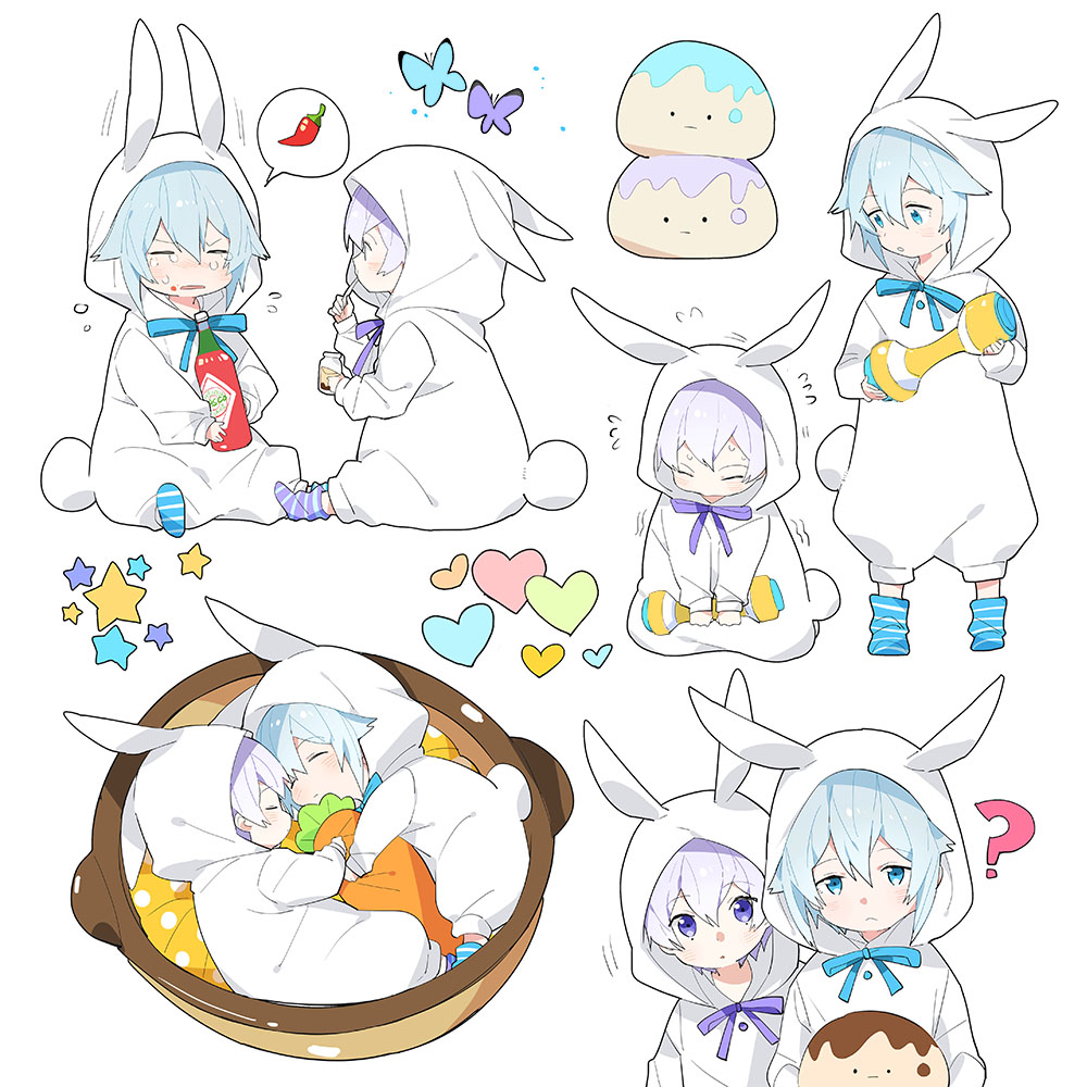 2boys ? animal_hood blue_eyes blue_hair closed_eyes crying heart hood idolish_7 kumomero looking_at_viewer male_child mezzo" multiple_boys osaka_sougo purple_eyes short_hair star_(symbol) stuffed_toy white_hair yotsuba_tamaki younger