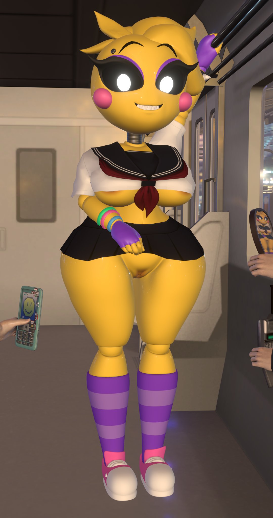 adri164 areola big_breasts breasts clothing embarrassed female five_nights_at_freddy's five_nights_at_freddy's_2 genitals hi_res humanoid_hands looking_at_viewer orange_areola pussy school_uniform scottgames toy_chica_(eroticphobia) toy_chica_(fnaf) uniform video_games wide_hips yellow_body