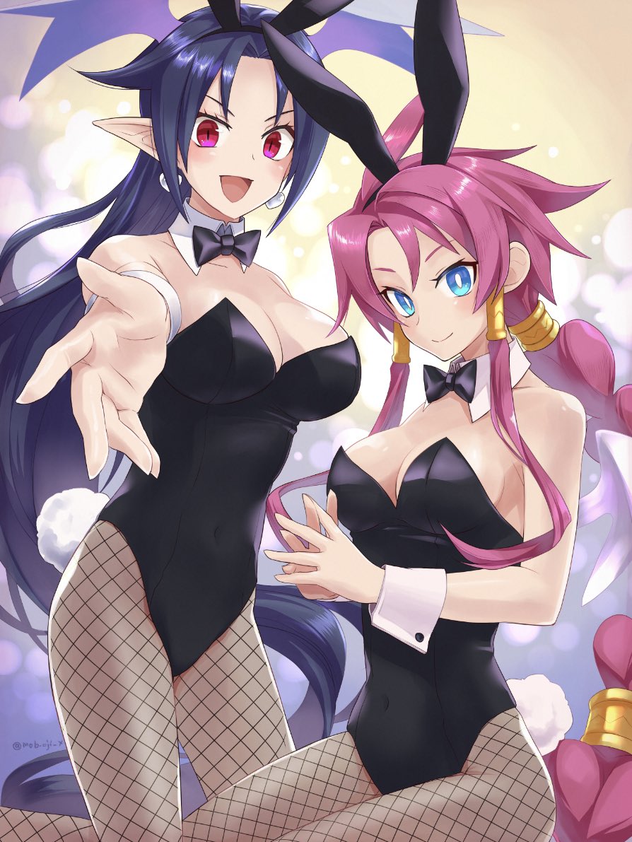 2girls animal_ears bare_shoulders black_hair blue_eyes braid breasts character_request check_character cleavage disgaea earrings fishnet_pantyhose fishnets genderswap genderswap_(mtf) heart heart_earrings jewelry large_breasts long_hair makai_senki_disgaea_4 medium_breasts multiple_girls pantyhose pink_hair pointy_ears rabbit_ears red_eyes satoimo_2009 sidelocks slit_pupils smile valvatorez_(disgaea) vulcanus_(disgaea_4) wings wrist_cuffs