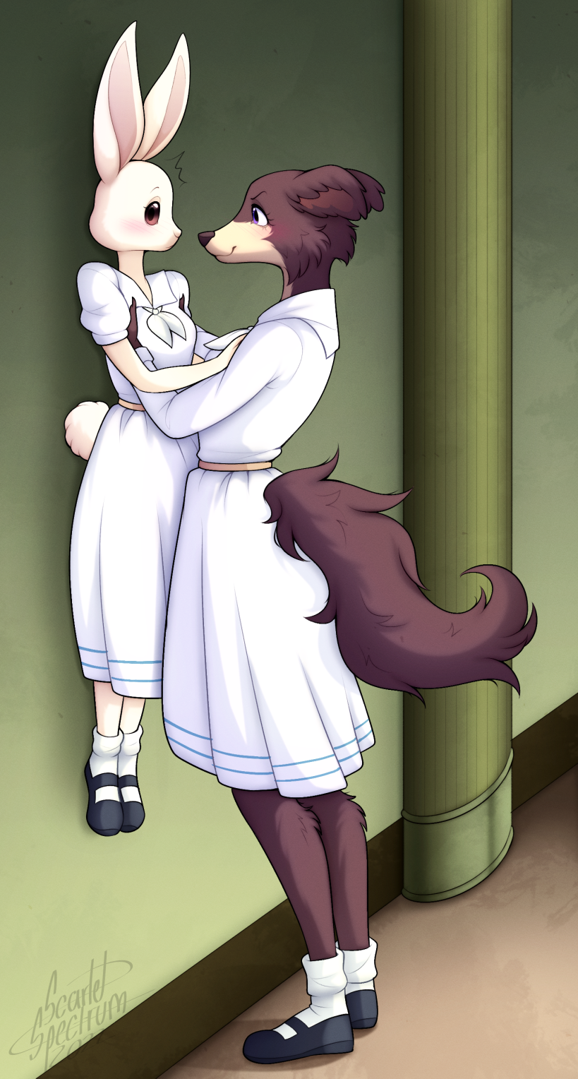 2022 against_surface against_wall anthro assertive_female beastars blush brown_body brown_fur canid canine canis clothed clothing detailed_background dress duo eye_contact female fur haru_(beastars) hi_res holding_person how_to_talk_to_short_people humor inside juno_(beastars) lagomorph larger_female leporid looking_at_another mammal meme rabbit scarlet-spectrum school school_uniform signature size_difference smaller_female smile uniform white_body white_fur wolf