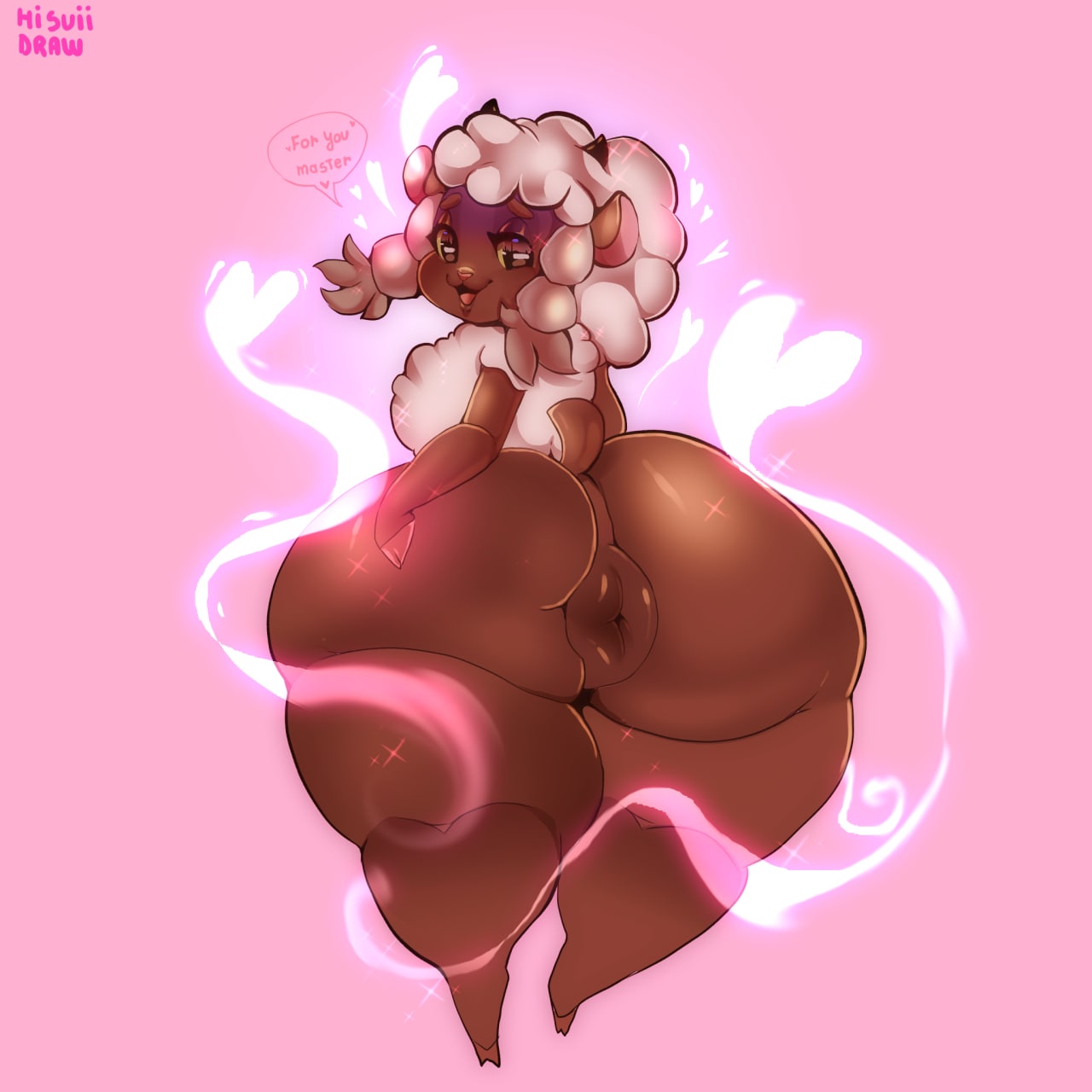 &lt;3 anthro anus big_butt butt coelhinha_artes female fur generation_8_pokemon hi_res huge_butt looking_at_viewer looking_back looking_back_at_viewer nude pink_background rear_view simple_background solo thick_thighs wool_(fur) wooloo