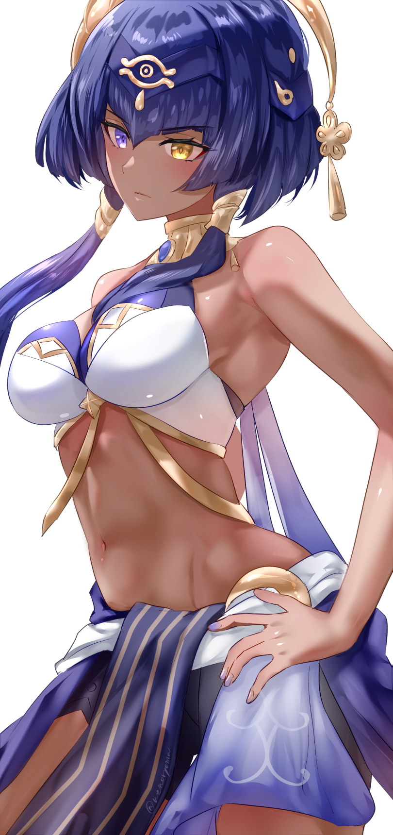 1girl bangs bare_arms bare_shoulders blue_hair blue_skirt bob_cut breasts brooch candace_(genshin_impact) commentary cowboy_shot crop_top genshin_impact hair_between_eyes heterochromia highres jewelry large_breasts midriff navel purple_eyes short_hair_with_long_locks sidelocks simple_background skirt sleeveless solo standing stomach uenoryoma white_background yellow_eyes