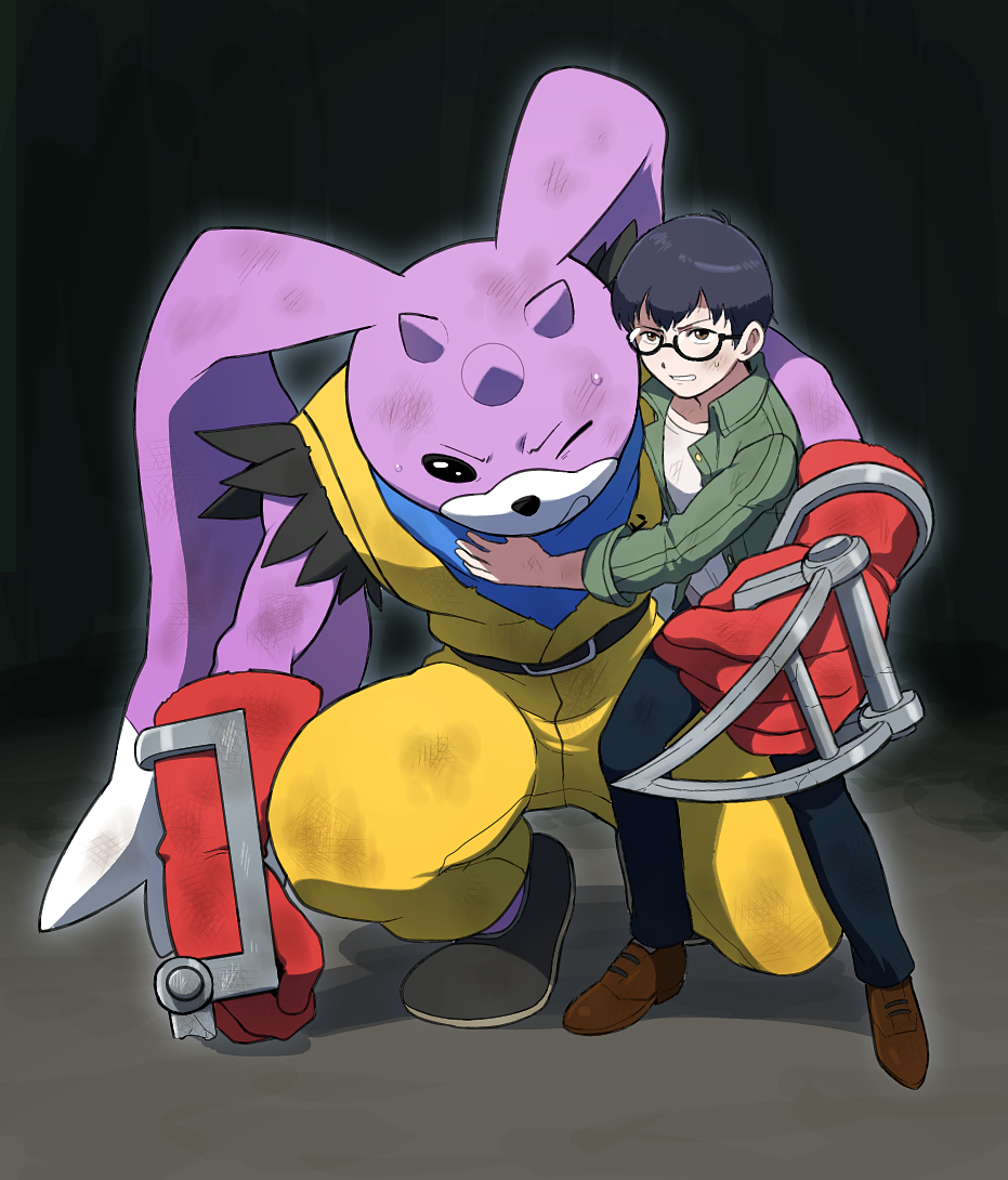 anthro bandai_namco bandanna bandanna_on_neck black_hair digimon digimon_(species) digimon_survive duo embrace eyewear fur glasses hair horn hug human kerchief lagomorph leporid male mammal nandemoari protective purple_body purple_fur rabbit shuuji_kayama turuiemon wounded