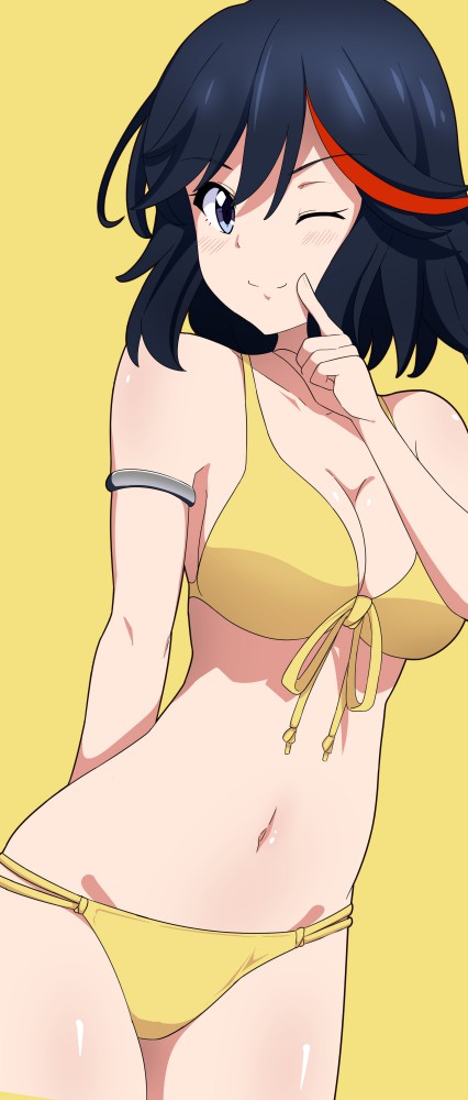 1girl armband bikini black_hair blue_eyes breasts closed_mouth cowboy_shot front-tie_bikini front-tie_top groin happy kill_la_kill lizta matoi_ryuuko medium_breasts midriff multicolored_hair navel one_eye_closed red_hair short_hair simple_background smile stomach streaked_hair swimsuit yellow_background yellow_bikini