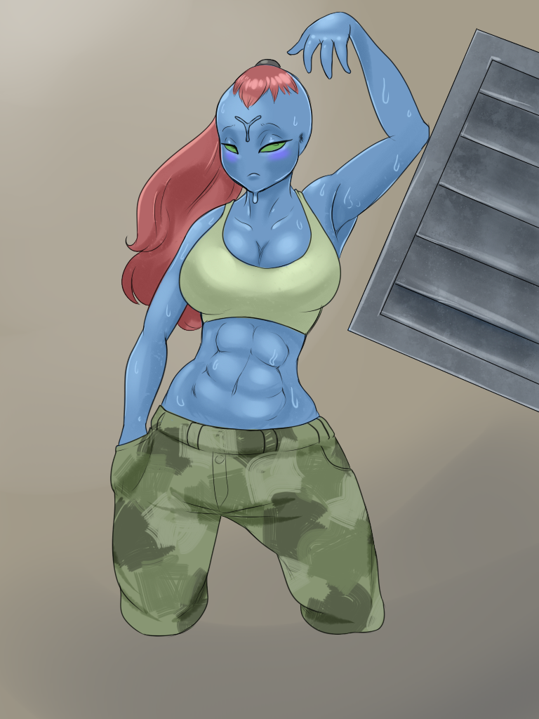 abs alien big_breasts blackbetty blue_body blue_skin bodily_fluids breasts camo clothing female hair humanoid muscular not_furry simple_background solo sweat t'au_(warhammer) warhammer_(franchise) warhammer_40000