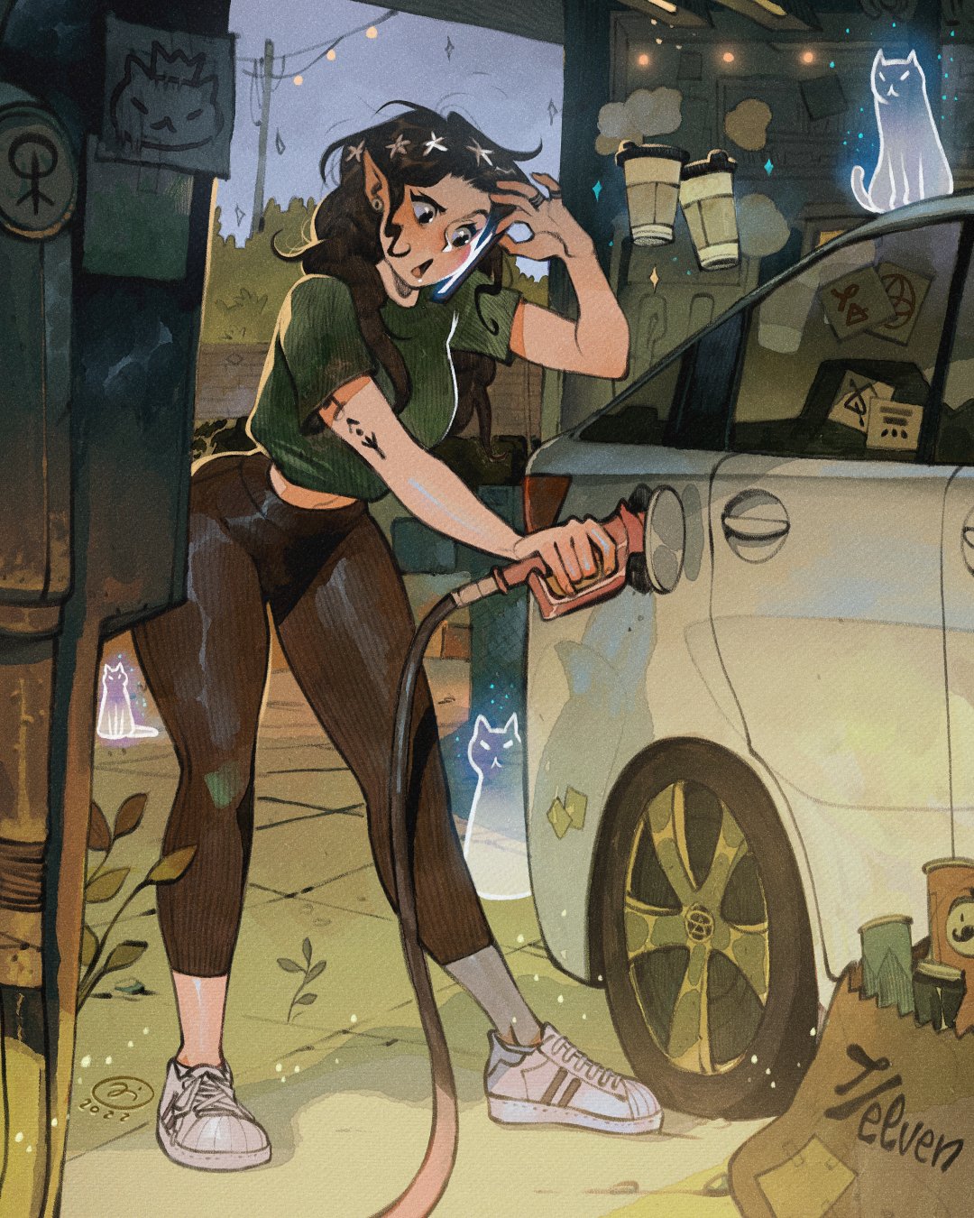 1girl 7-eleven arm_tattoo black_hair black_pants car cat coffee_cup crop_top cup disposable_cup ear_piercing floating floating_object gas_pump gas_pump_nozzle gas_station gasoline ghost green_shirt ground_vehicle hair_ornament highres jewelry magic motor_vehicle original pants paper piercing plant pointy_ears pringles pringles_can ring shirt shoes short_sleeves signature simz star_(symbol) star_hair_ornament string_of_light_bulbs tattoo utility_pole white_footwear yoga_pants