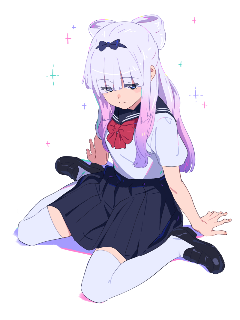 1girl blue_eyes bow full_body gradient_hair hair_bow hairband kamo_kamen kanna_kamui kobayashi-san_chi_no_maidragon light_purple_hair long_hair multicolored_hair older pink_hair pleated_skirt school_uniform serafuku sidelocks sitting skirt solo sparkle thighhighs wariza