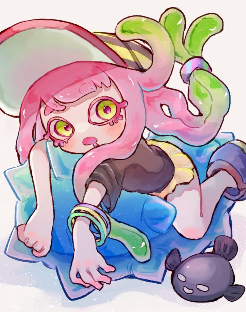 1girl baseball_cap black_shirt bracelet c.q._cumber_(splatoon) clownfish colored_eyelashes drooling fish green_eyes green_hair harmony's_clownfish_(splatoon) harmony_(splatoon) hat jewelry long_hair lying miniskirt multicolored_clothes multicolored_footwear multicolored_hair multicolored_headwear no_nose on_stomach open_mouth pink_hair pleated_skirt sea_cucumber shirt short_sleeves simple_background skirt splatoon_(series) splatoon_3 striped striped_headwear tebasaki_(teba_illust) tentacle_hair two-tone_hair white_background yellow_skirt