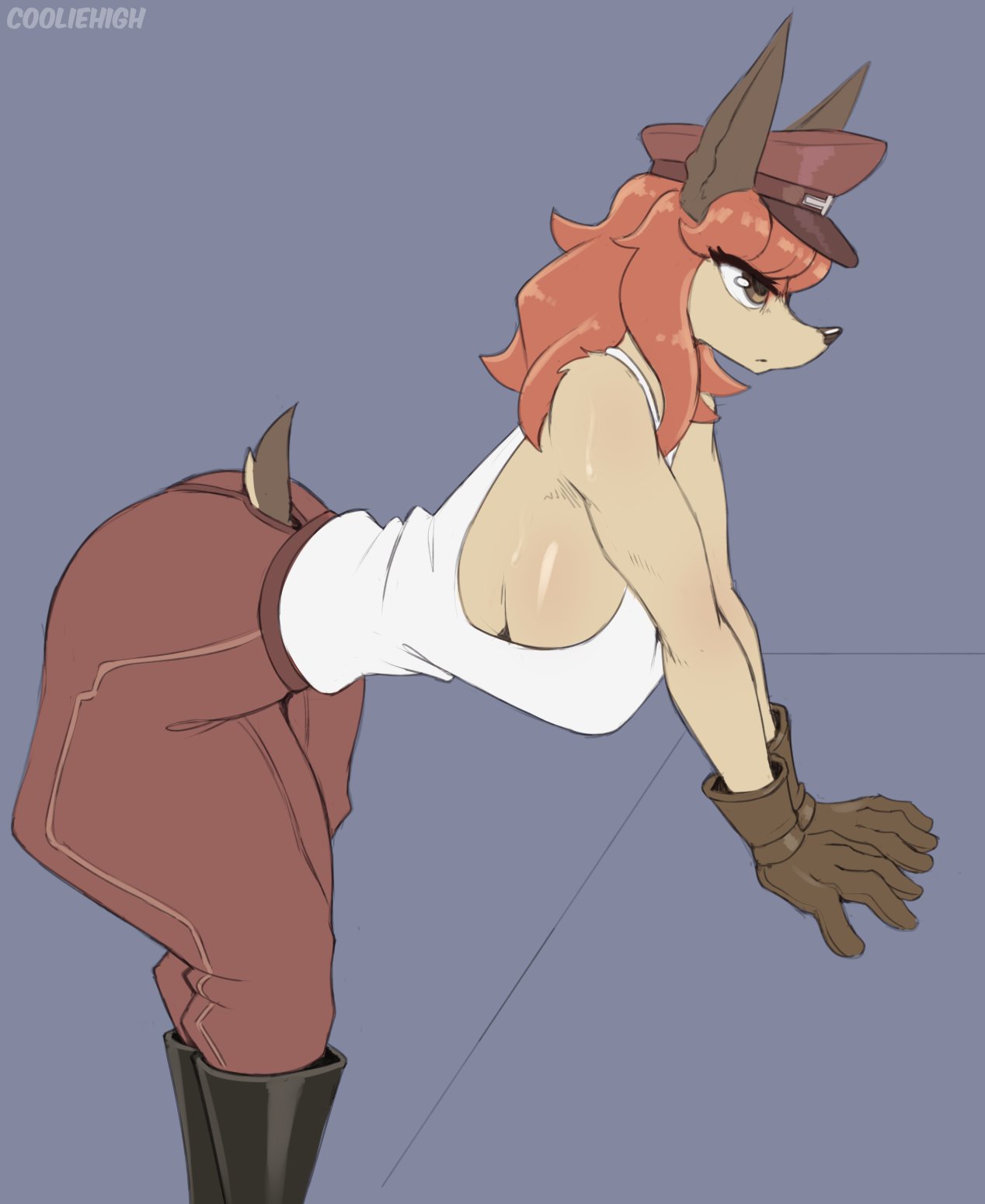 anthro big_breasts bottomwear breasts butt canid canine caninu canis clothed clothing cooliehigh cyberconnect2 domestic_dog female flam_kish fuga:_melodies_of_steel gloves hair handwear hat headgear headwear hi_res little_tail_bronx mammal orange_hair side_boob simple_background solo video_games