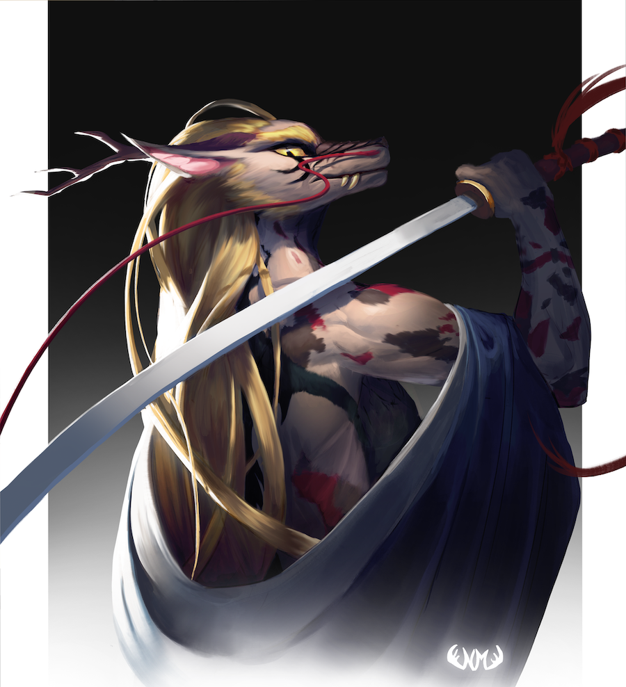 angry anthro asian_mythology blonde_hair chinese clothing costume d-moose dragon east_asian_mythology eastern eastern_dragon eye_contact female hair hynvale iavyaling_xi_mauryl katana looking_at_another looking_at_viewer looking_back melee_weapon mythology oriental pinup pose raised_tail simple_background solo sword tan_body text weapon