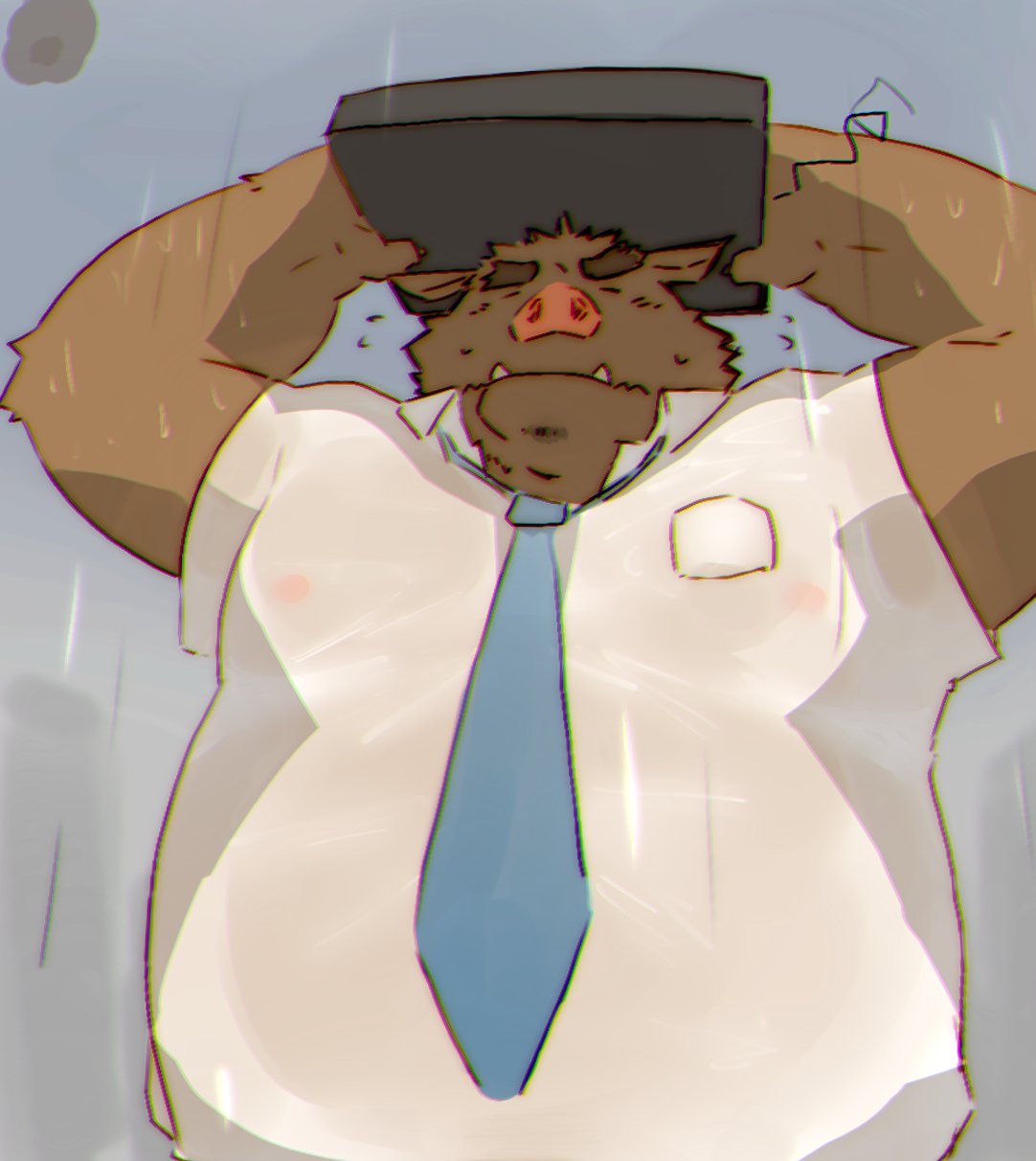 2022 anthro belly big_belly brown_body brown_fur clothing eyes_closed fur hi_res kemono kisukemk777 male mammal necktie outside overweight overweight_male raining shirt solo suid suina sus_(pig) topwear wild_boar