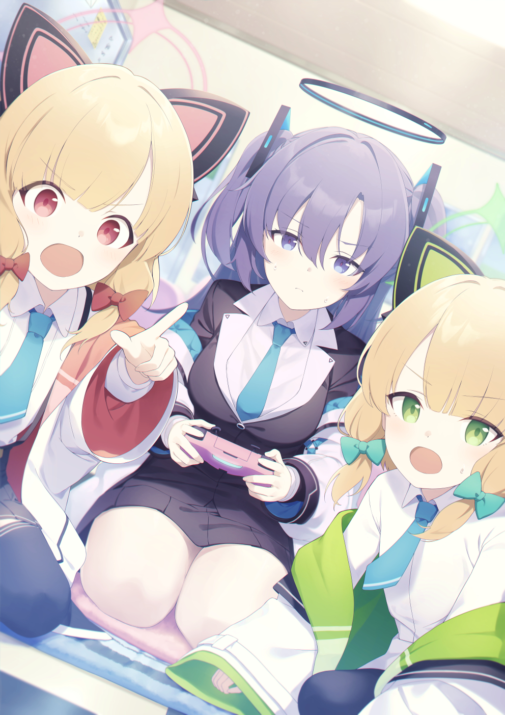 animal_ear_headphones bangs blonde_hair blue_archive blue_necktie bow cat_ear_headphones collared_shirt controller dabuki formal game_controller green_eyes hair_bow halo headphones highres hood hooded_jacket indoor jacket midori_(blue_archive) miniskirt momoi_(blue_archive) multicolored_clothes multicolored_jacket necktie off_shoulder open_clothes open_jacket parted_bangs pink_eyes playing_games pleated_skirt purple_eyes purple_hair shirt siblings sisters skirt suit suspenders twins two-tone_jacket two_side_up white_jacket white_shirt yuuka_(blue_archive)