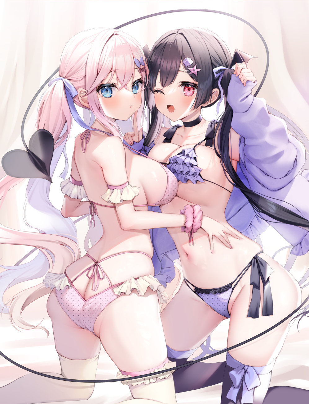 2girls ;d arm_up ass ayuma_sayu back bare_shoulders black_choker black_hair black_thighhighs blue_eyes bow bra breasts choker cleavage demon_tail frilled_bra frilled_panties frills hair_bow hair_ornament hairclip halterneck highres jacket large_breasts lingerie long_hair long_sleeves looking_at_viewer multi-strapped_panties multiple_girls off_shoulder one_eye_closed open_clothes open_jacket open_mouth original panties pink_bra pink_hair pink_panties polka_dot polka_dot_bra polka_dot_panties ponytail purple_bra purple_jacket purple_panties red_eyes side-tie_panties skindentation smile strap_gap string_bra string_panties tail thighhighs thighs twintails underwear underwear_only very_long_hair white_thighhighs