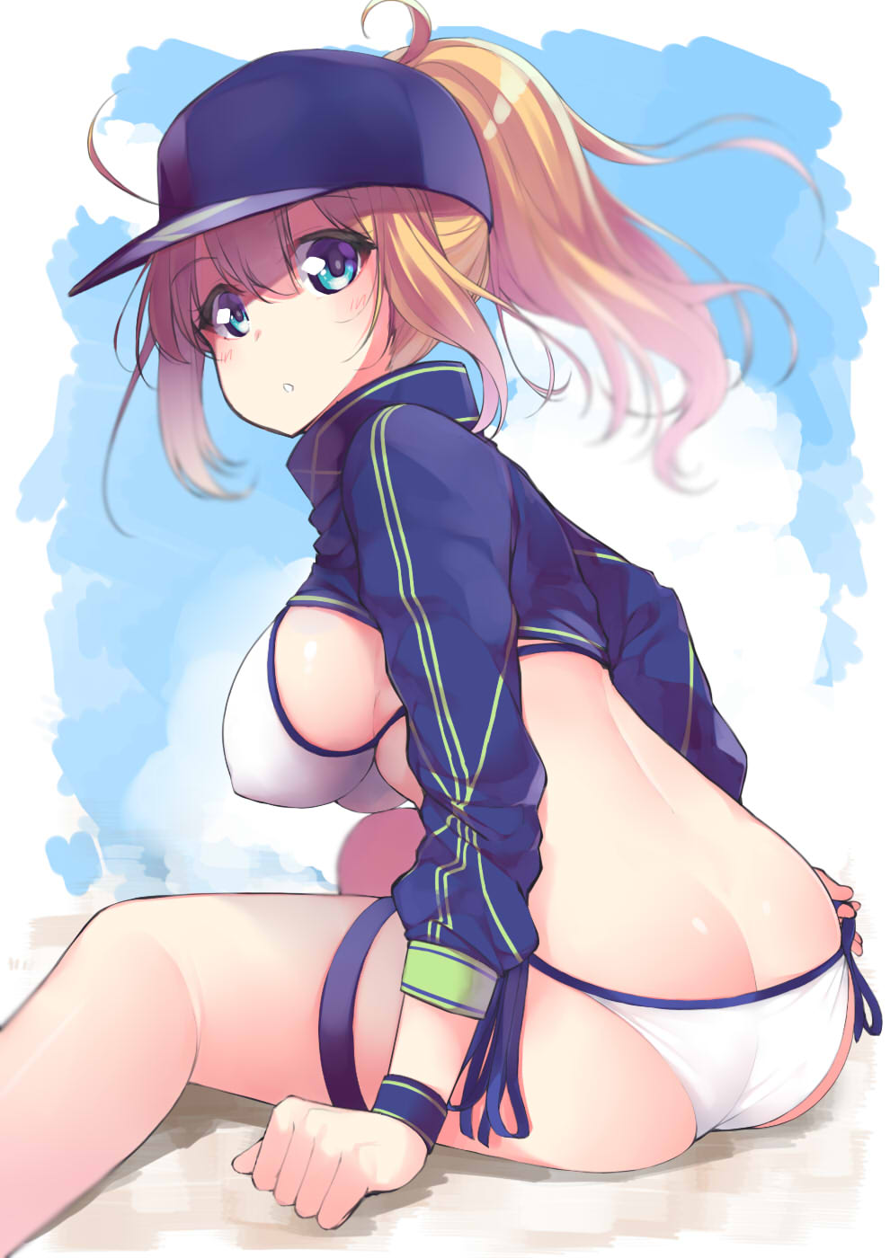 1girl artoria_pendragon_(all) ass baseball_cap bikini blonde_hair blue_eyes blue_hat blue_sky blush butt_crack cloud commentary_request covered_nipples day eyebrows_visible_through_hair fate/grand_order fate_(series) from_behind hair_between_eyes hat highres looking_at_viewer miya_ur mysterious_heroine_xx_(foreigner) outdoors parted_lips ponytail shrug_(clothing) side-tie_bikini side-tie_bottom sitting sky solo swimsuit thigh_strap white_bikini wind