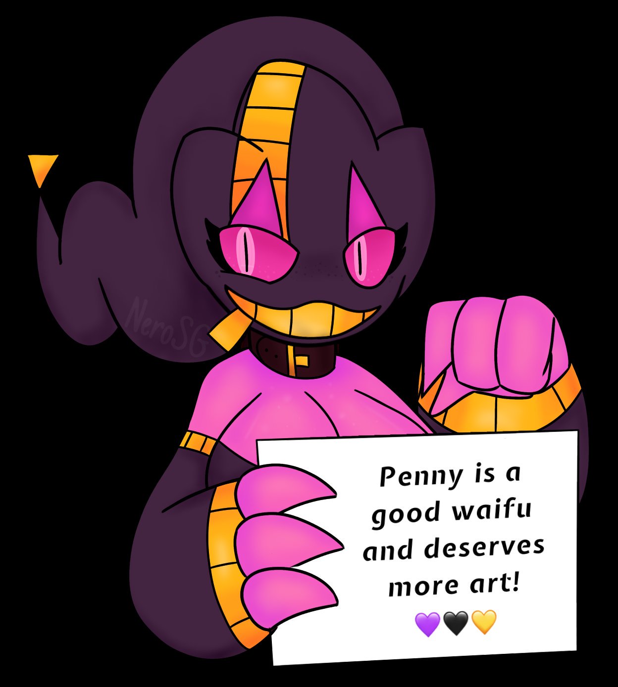 &lt;3 animate_inanimate banette collar doll english_text female generation_3_pokemon hi_res humanoid living_doll mega_banette mega_evolution nintendo penny_(plantpenetrator) pink_body pink_eyes pokemon pokemon_(species) purple_body sign simple_background smile solo text unknown_artist video_games zipper zipper_mouth