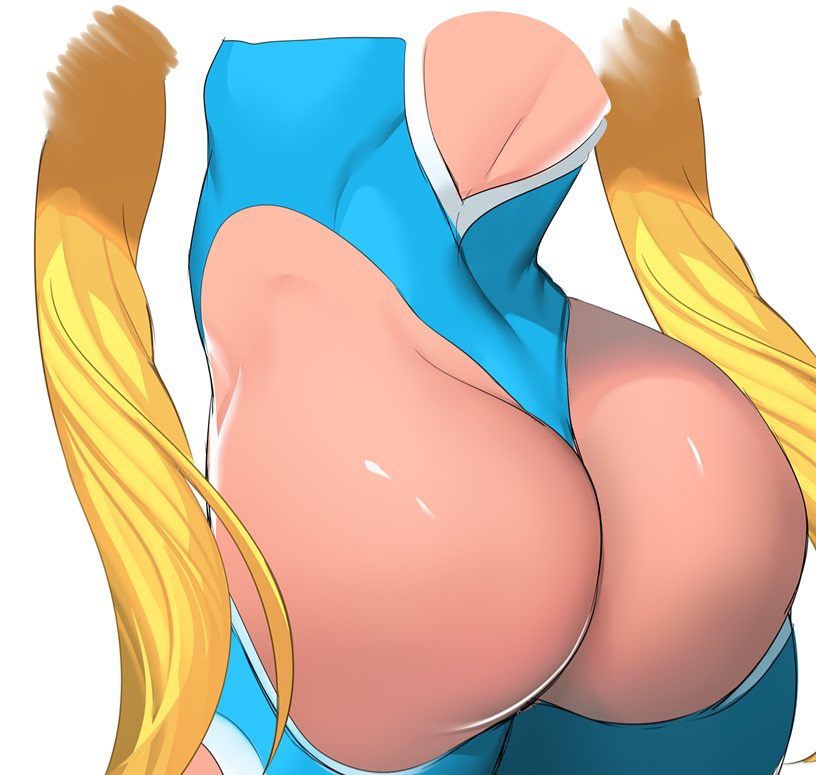 1girl ass ass_cutout ass_focus blonde_hair blue_suit breasts cleavage clothing_cutout formal long_hair non-web_source rainbow_mika simple_background street_fighter suit swimsuit very_long_hair