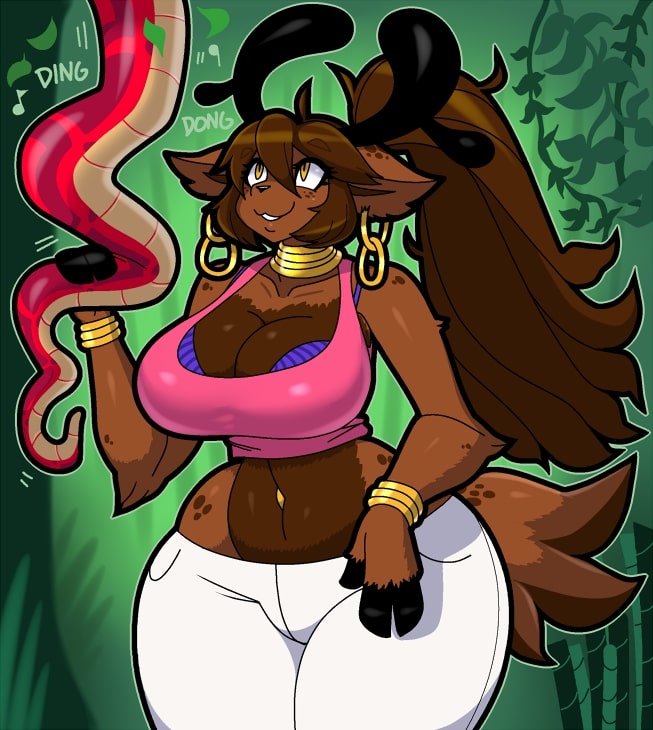 anthro bracelet breasts brown_body brown_fur brown_hair capreoline cervid cleavage clothed clothing ear_piercing female fur hair hypnofood jewelry jungle mammal midriff navel navel_piercing neck_ring piercing reina_(hypnofood) reindeer reptile scalie shirt smile snake solo tank_top thick_thighs topwear wide_hips