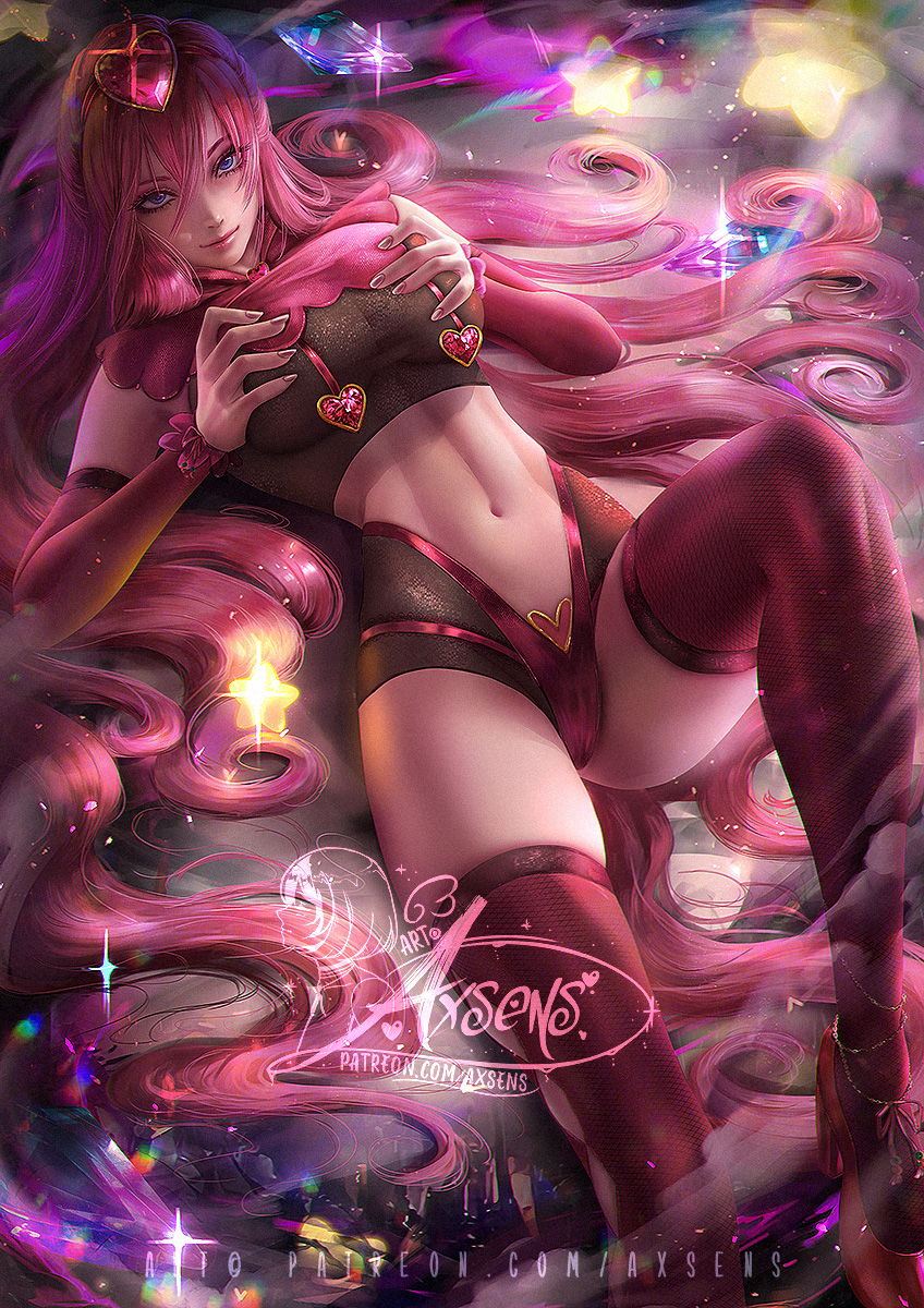 1girl anklet axsen bangs banned_artist blue_eyes breasts closed_mouth detached_sleeves fishnet_thighhighs fishnets hair_between_eyes hair_ornament heart heart_hair_ornament high_heels highres jewelry kirby kirby_(series) large_breasts long_hair long_sleeves lying midriff navel on_back personification pink_hair pink_lips pink_sleeves pink_thighhighs self_fondle smile solo stomach sunlight thighhighs very_long_hair watermark