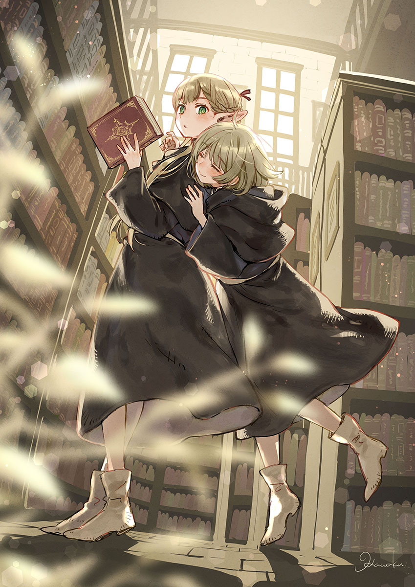 2girls ankle_boots bangs black_capelet black_dress blonde_hair blurry blush bokeh book bookshelf boots braid capelet ceiling closed_eyes day depth_of_field dress dungeon_meshi elf falin_thorden floor from_below from_side full_body green_eyes hands_up highres holding holding_book hood hood_down hooded_capelet hug hug_from_behind imminent_hug indoors kawaku library long_hair long_sleeves looking_at_viewer looking_to_the_side marcille multiple_girls plant pointy_ears railing running_bond school_uniform short_hair signature smile standing sunlight surprised window